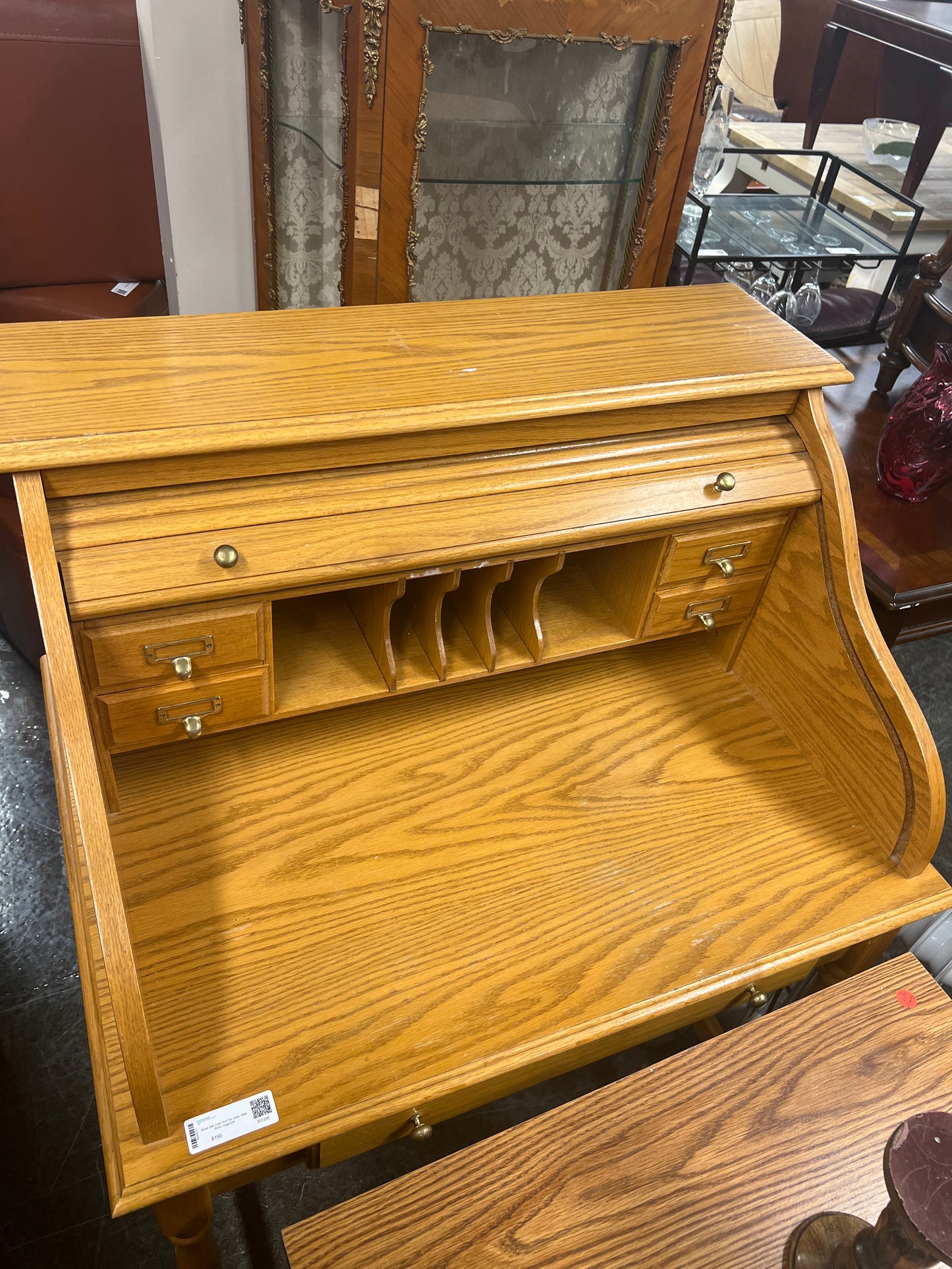 Small Oak Color Roll Top Desk / Mail Room Organizer
