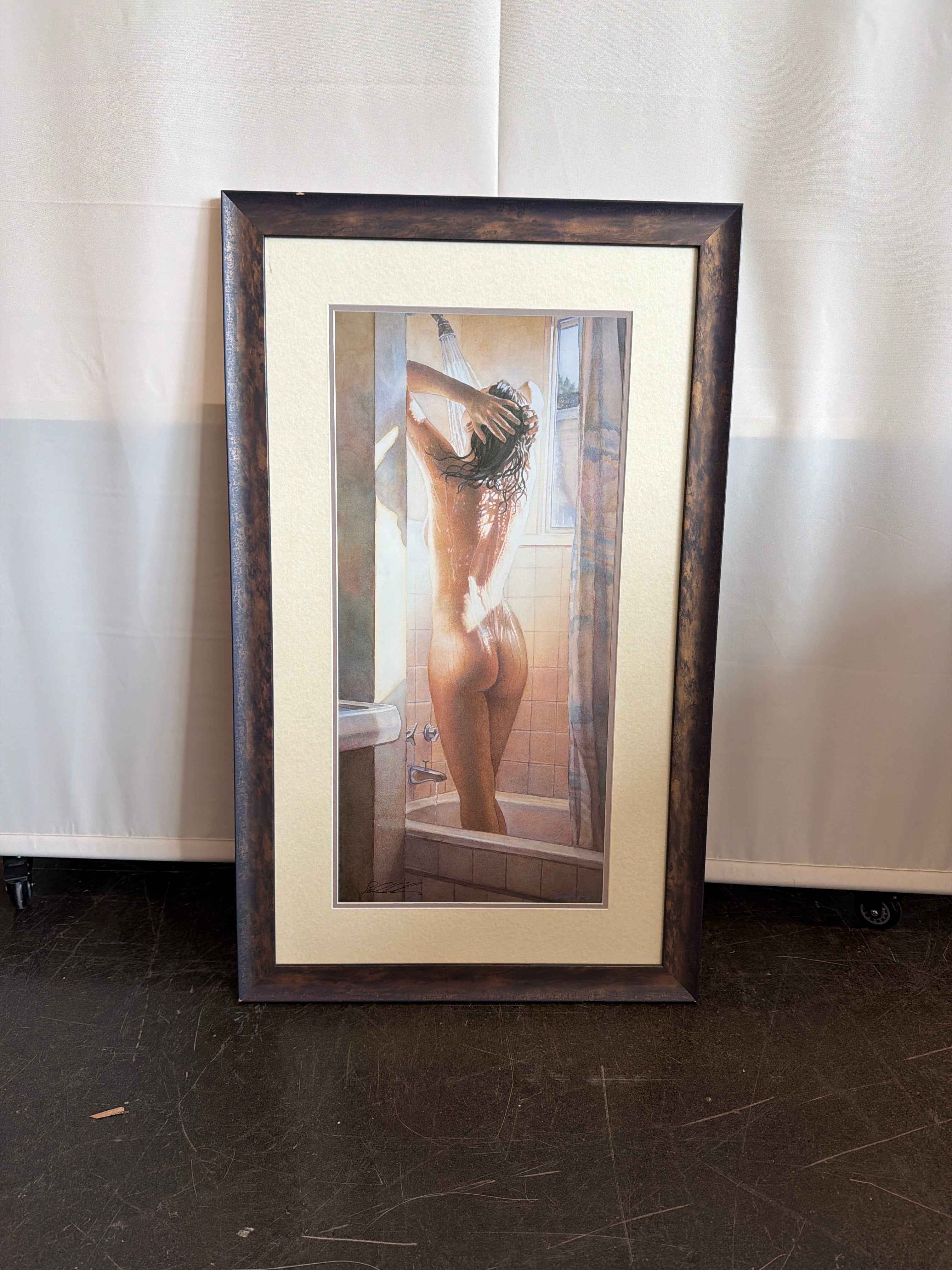 Steve Hanks Signed Figurative Shower Scene Framed Wall Art Print
