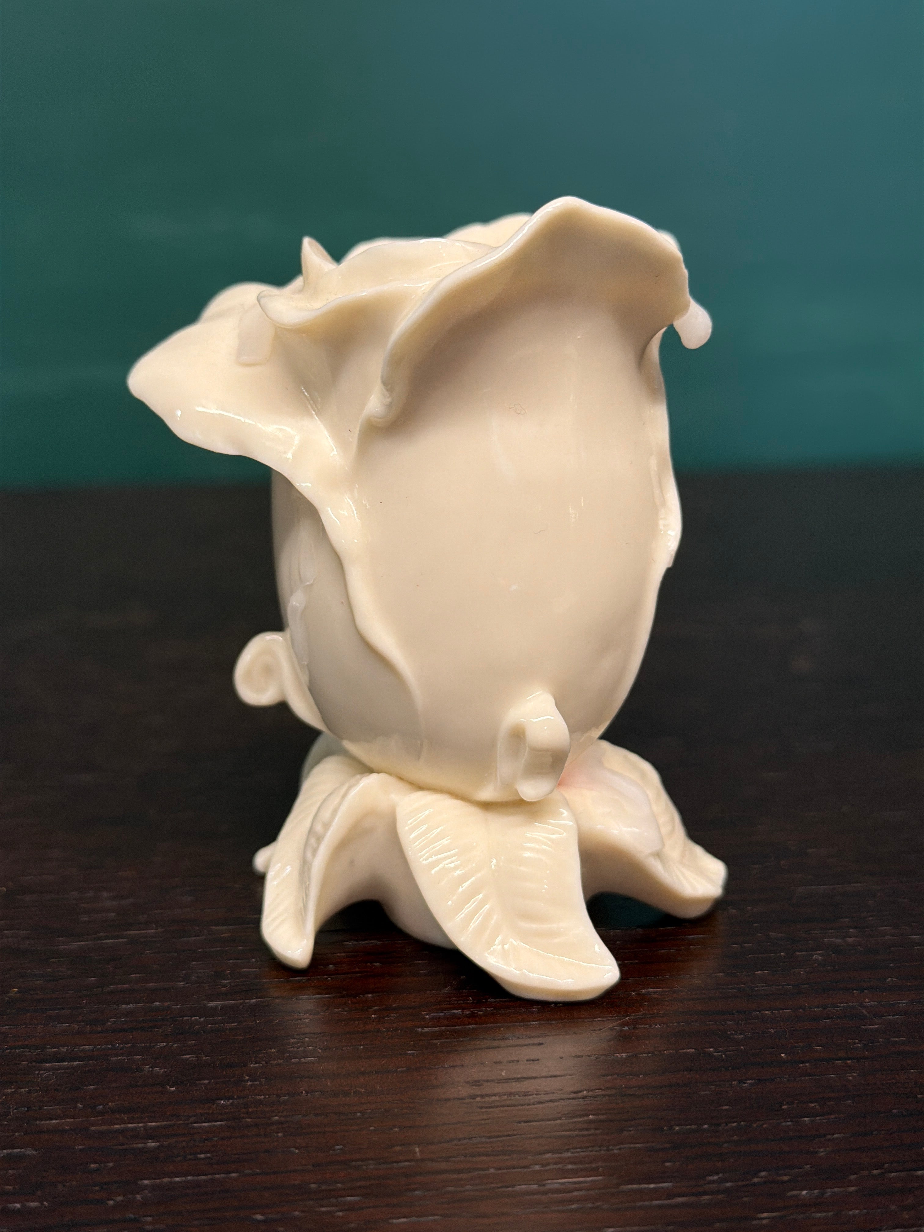 Pair of White Rosebud Ceramic Candle Holders with Leaf Base