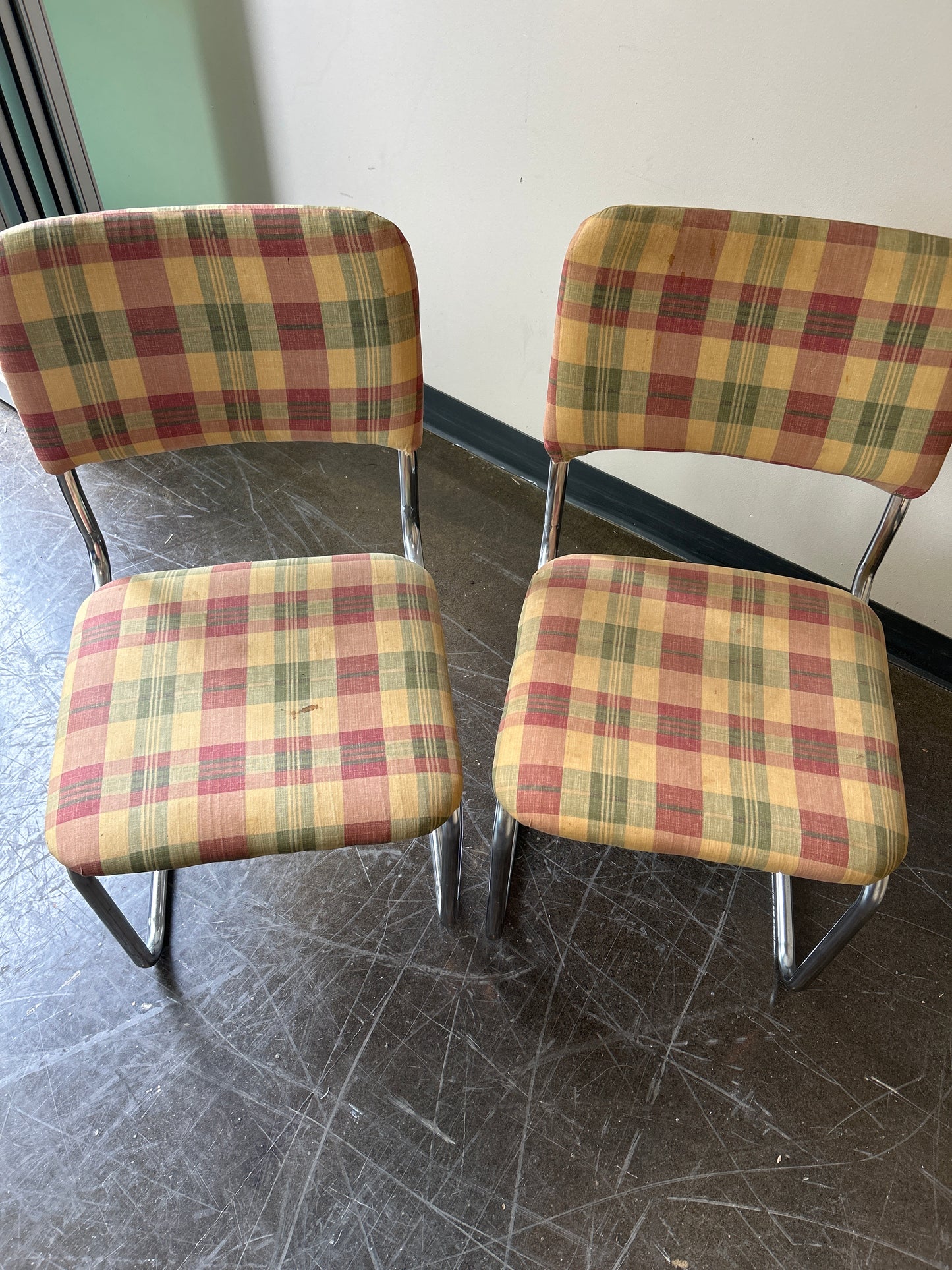 Retro Chrome Cantilever Chairs with Plaid Upholstery