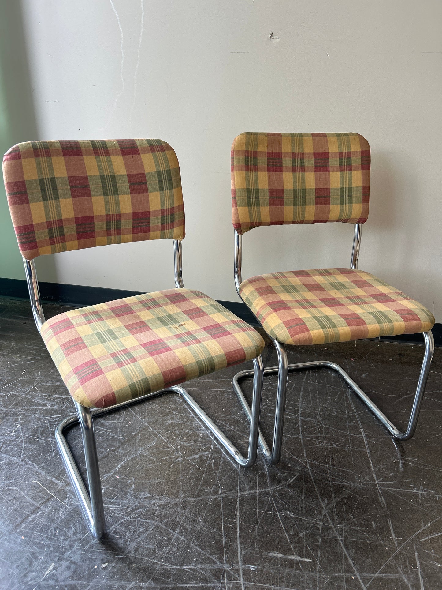 Retro Chrome Cantilever Chairs with Plaid Upholstery