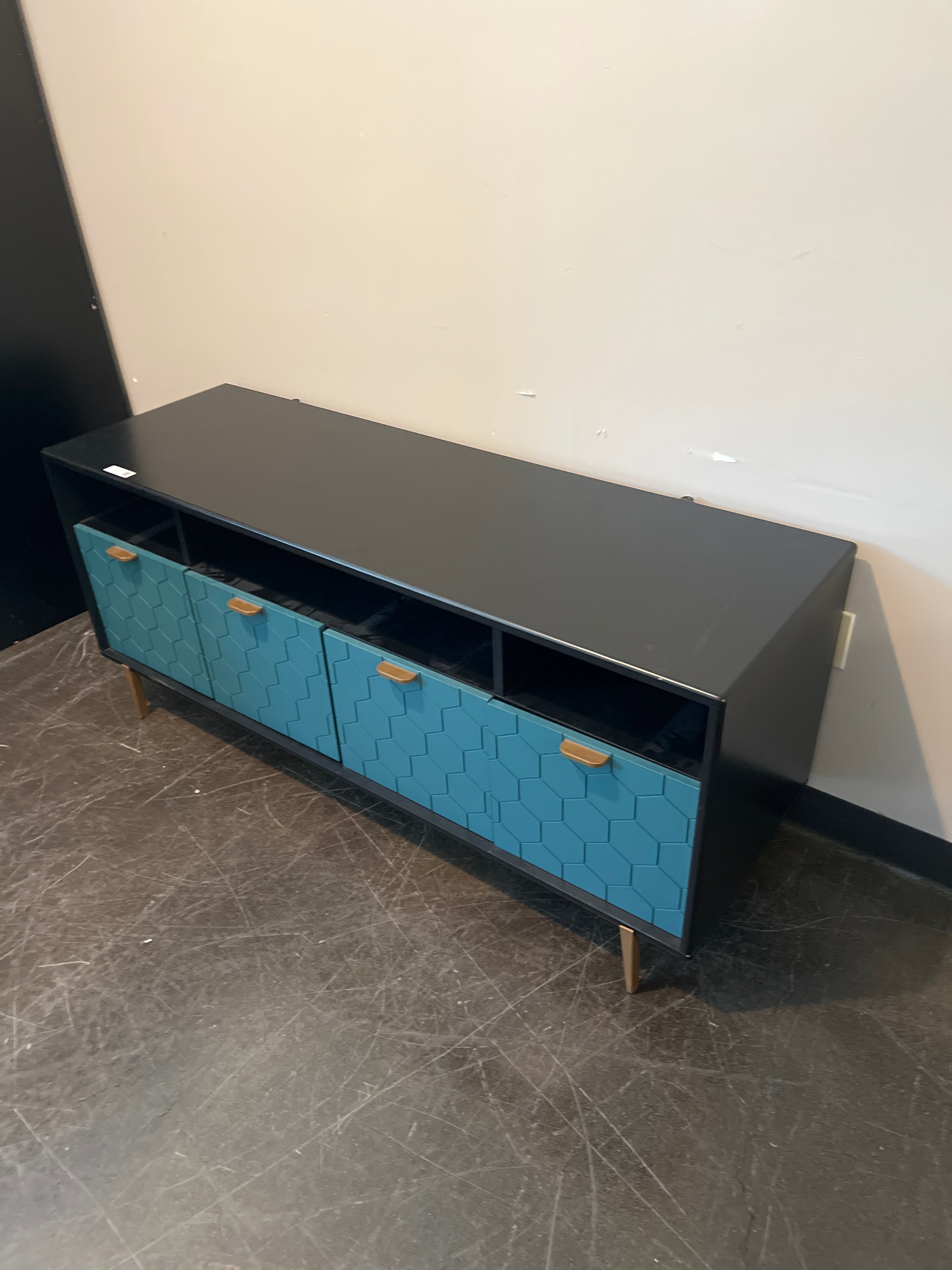 Modern Black Media Console with Hex Pattern Doors