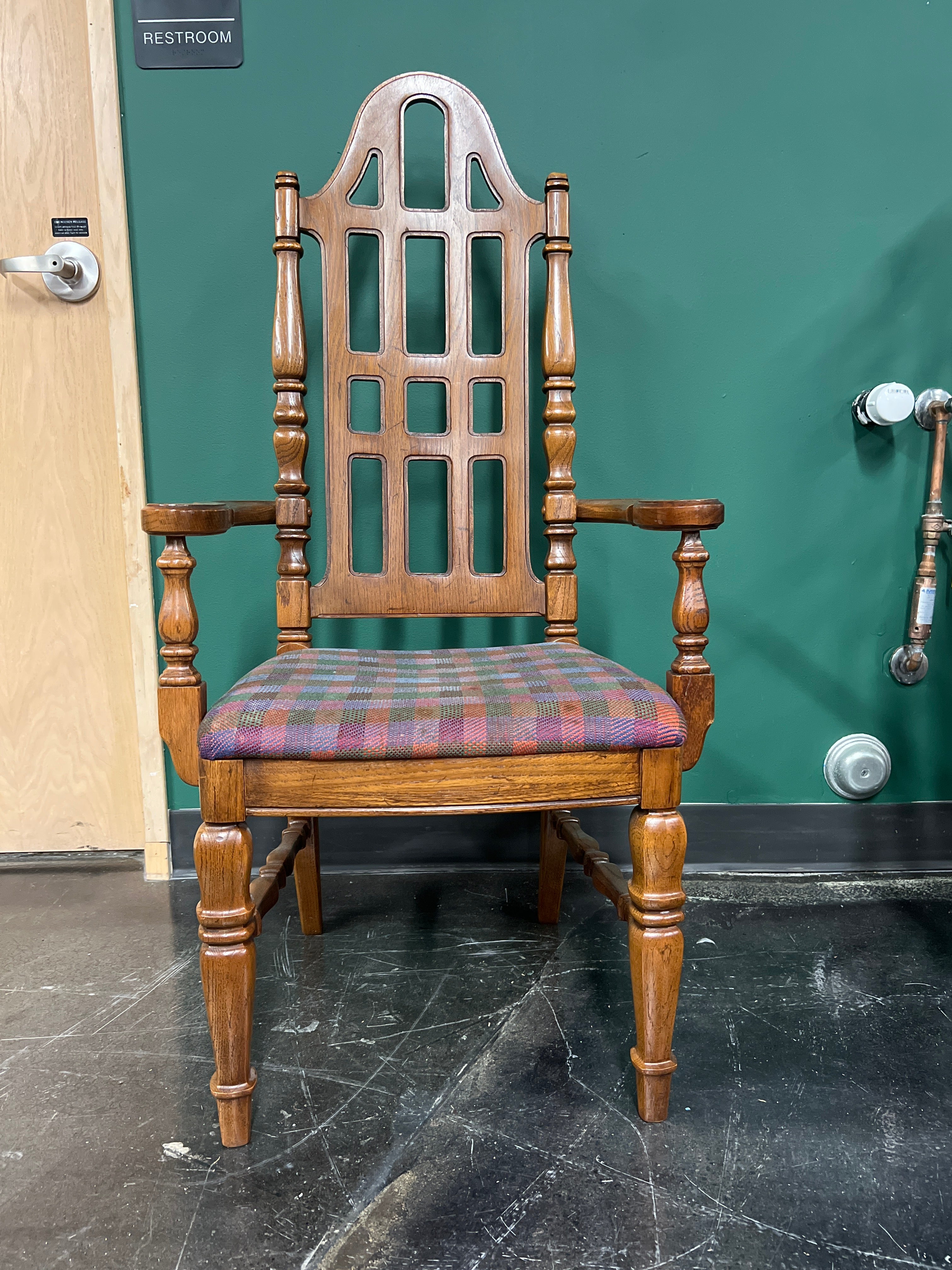 Vintage Thomasville High-Back Armchair – 1968, Plaid Upholstery