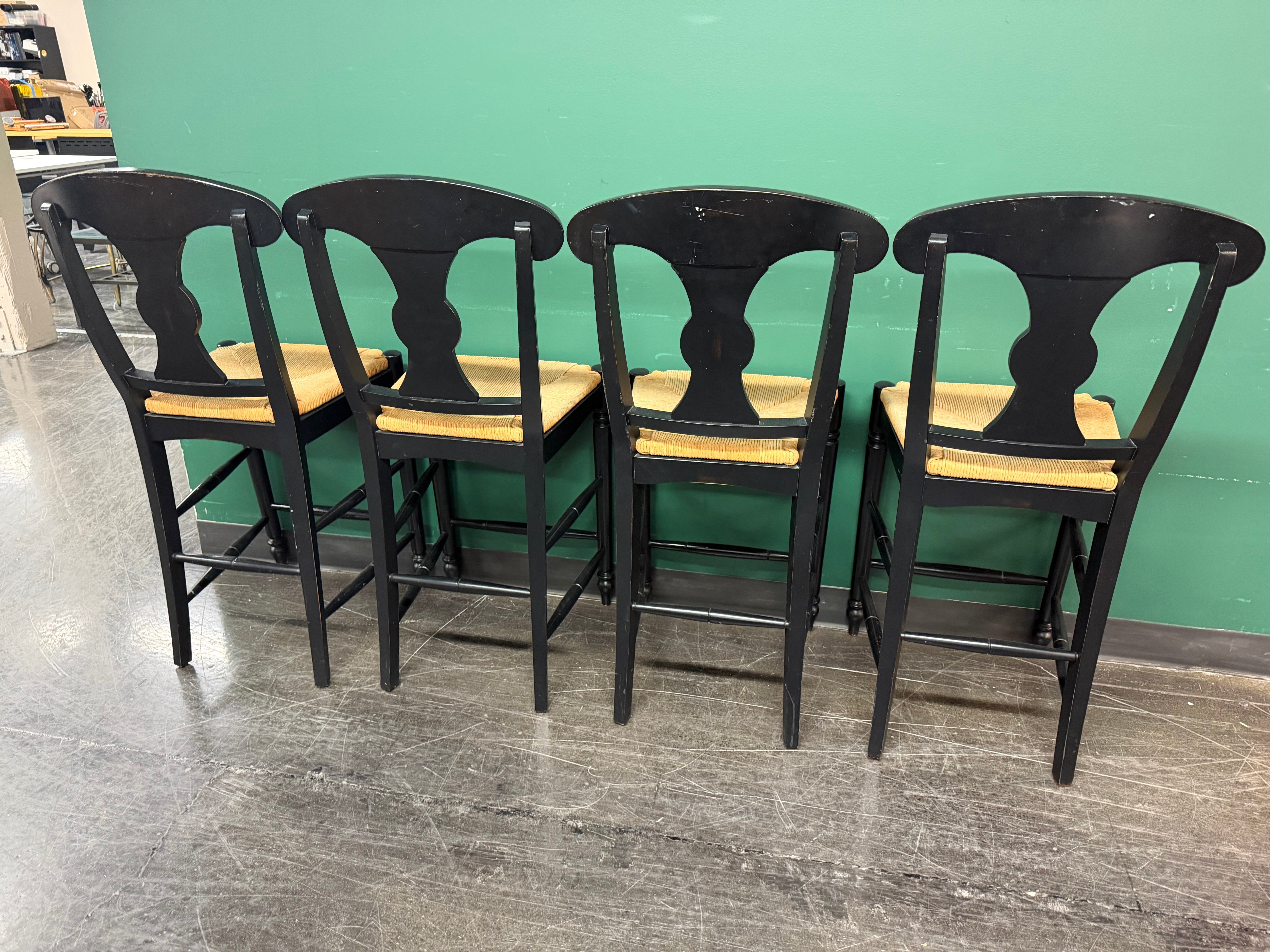 Ethan Allen Vintage French Country Rush Seat Bar Stools in Black, Set of Four
