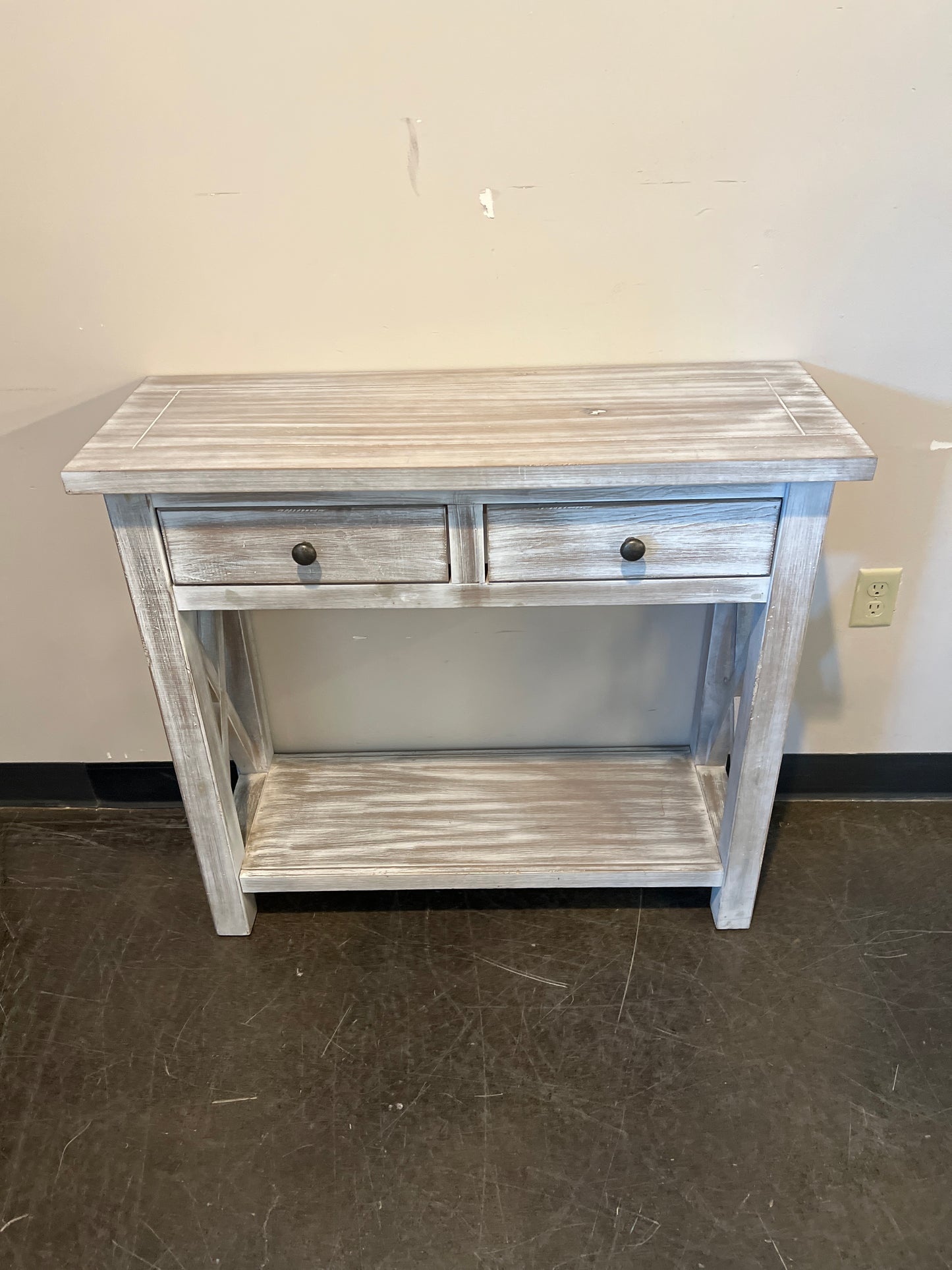 Rustic Whitewashed Wood Console Table with Two Drawers