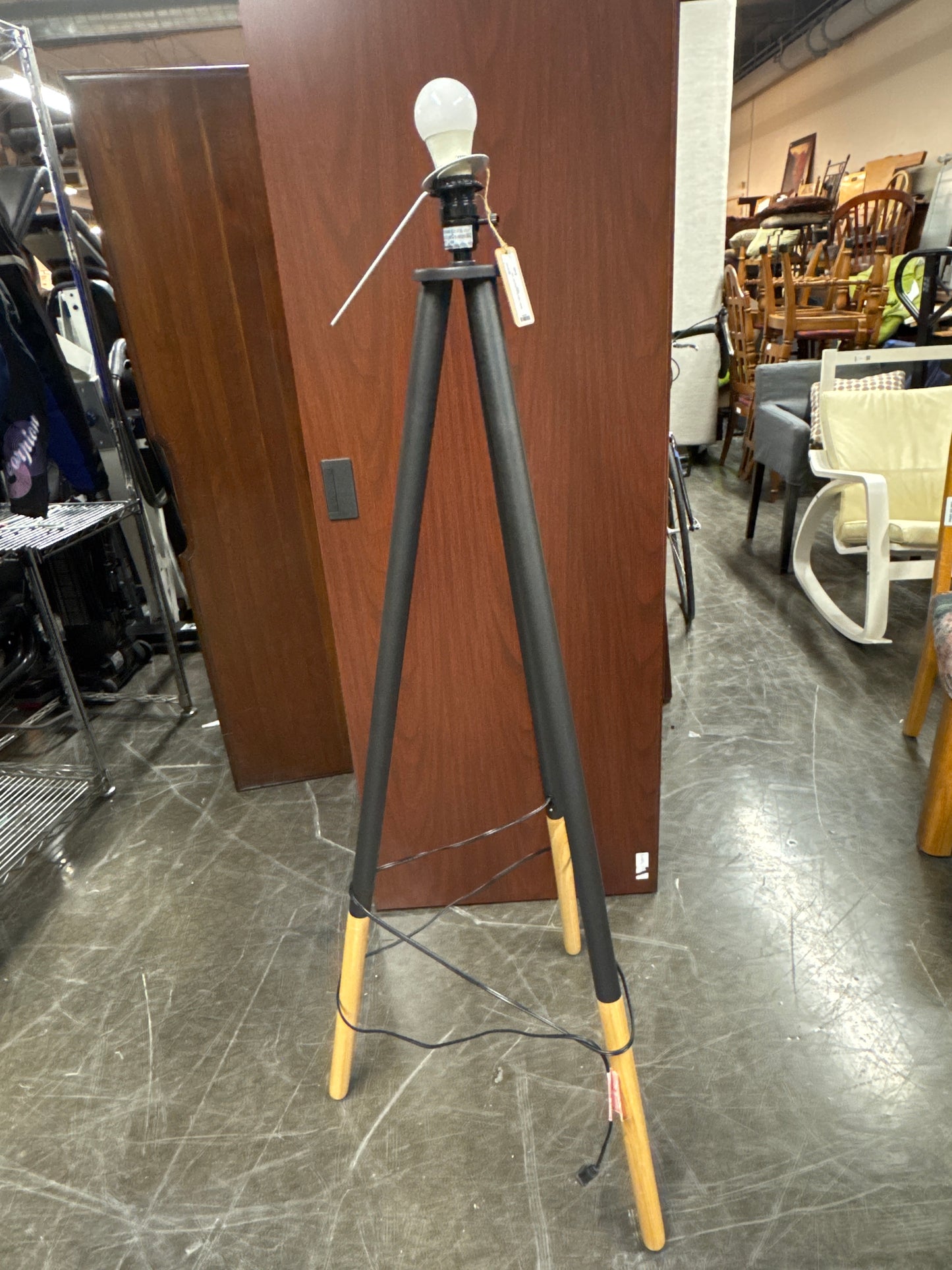 Modern Tripod Floor Lamp, with Damaged Black Lampshade