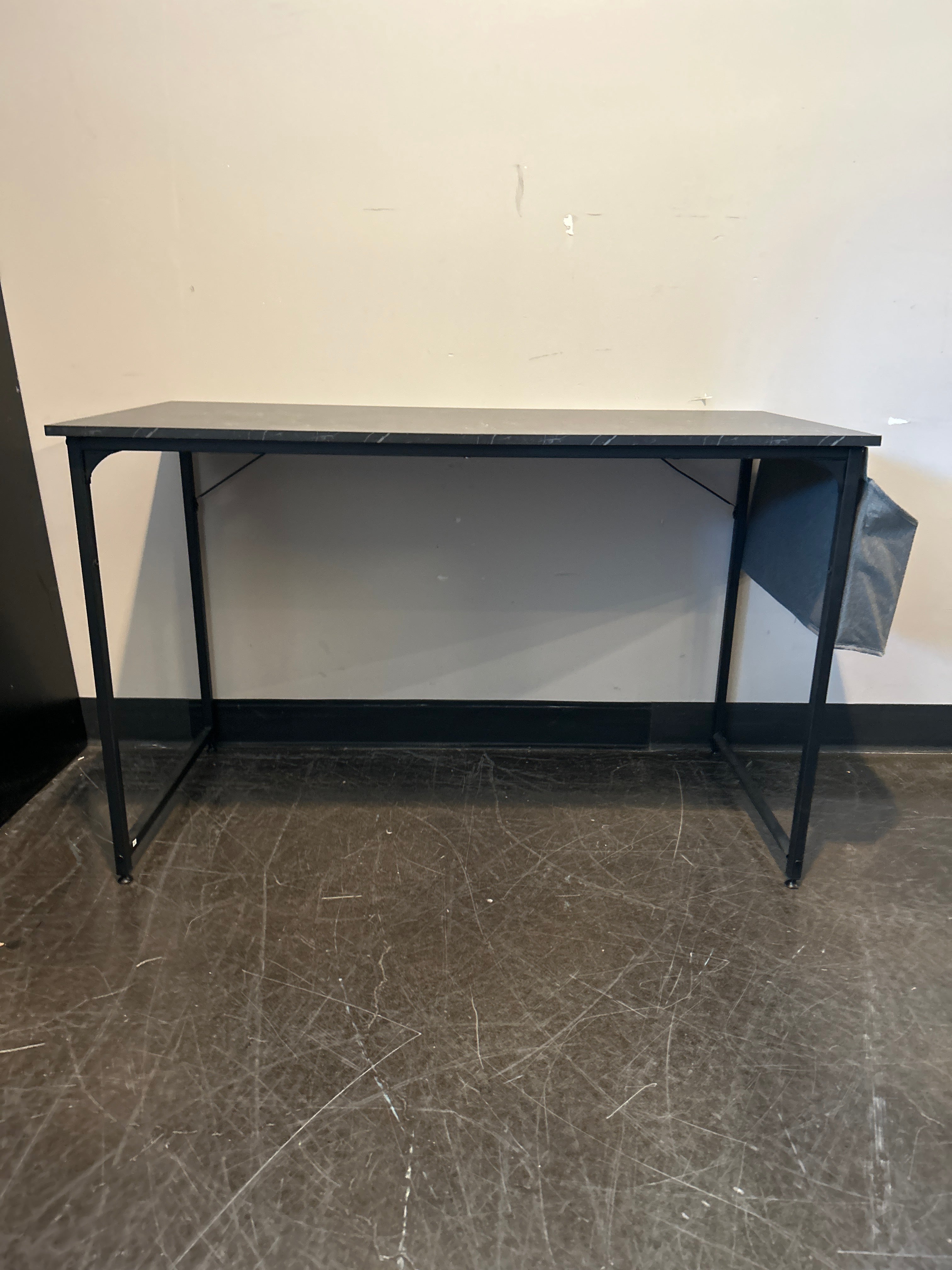 Slim Black Side Table with Faux Marble Top and Fabric Storage