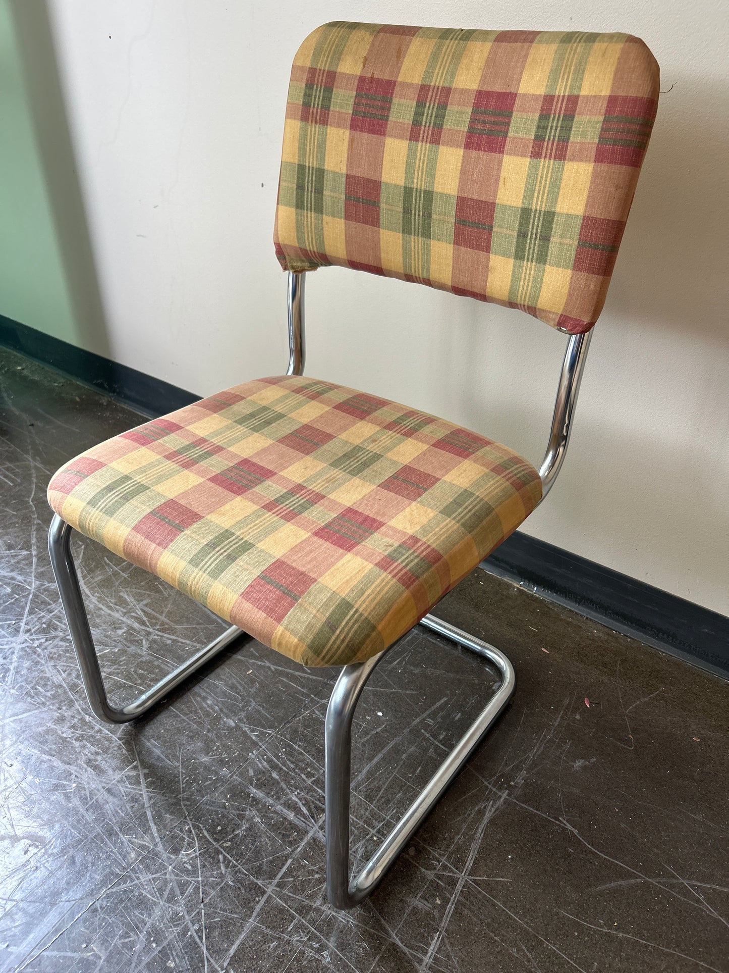 Retro Chrome Cantilever Chairs with Plaid Upholstery