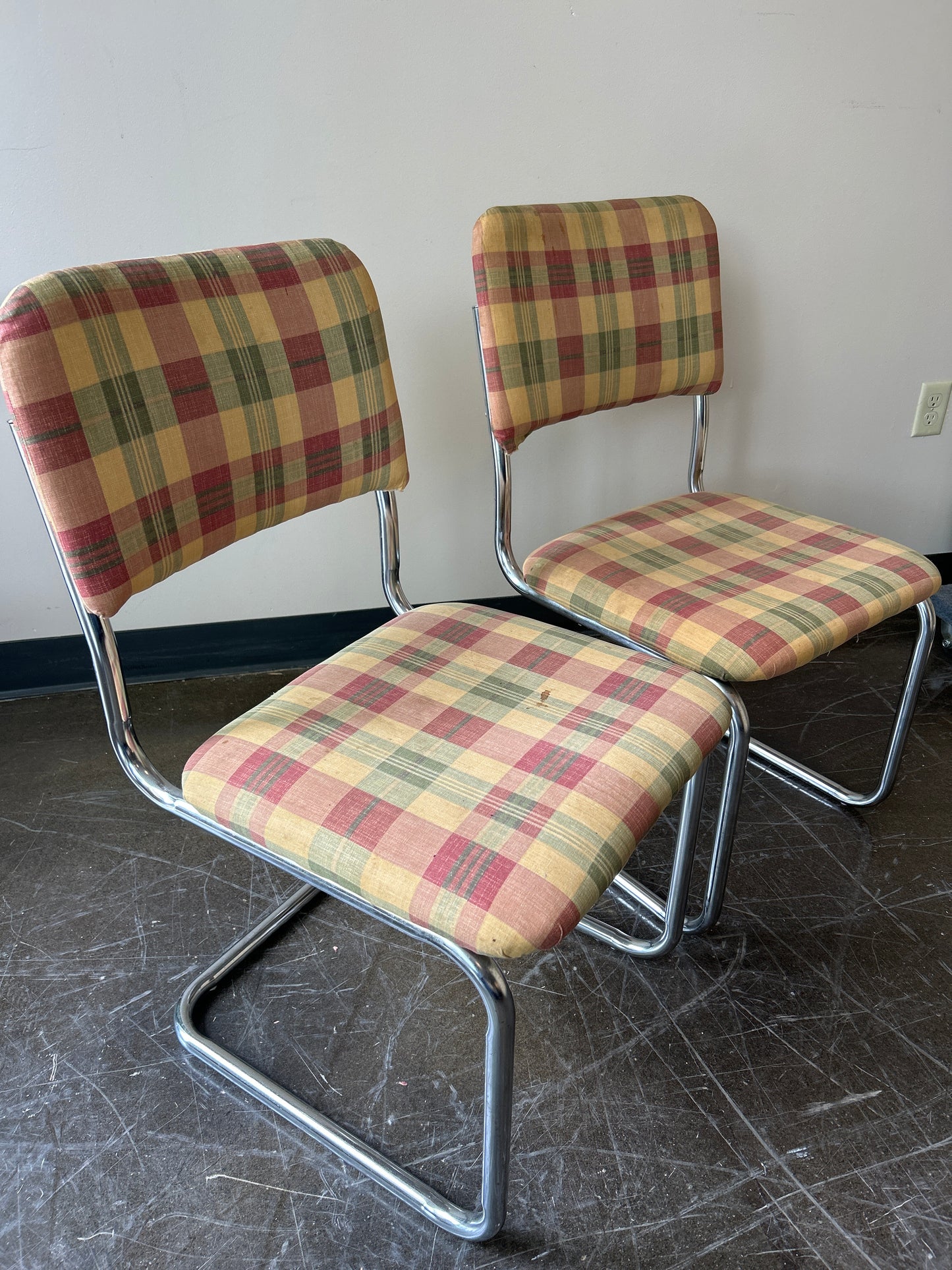 Retro Chrome Cantilever Chairs with Plaid Upholstery