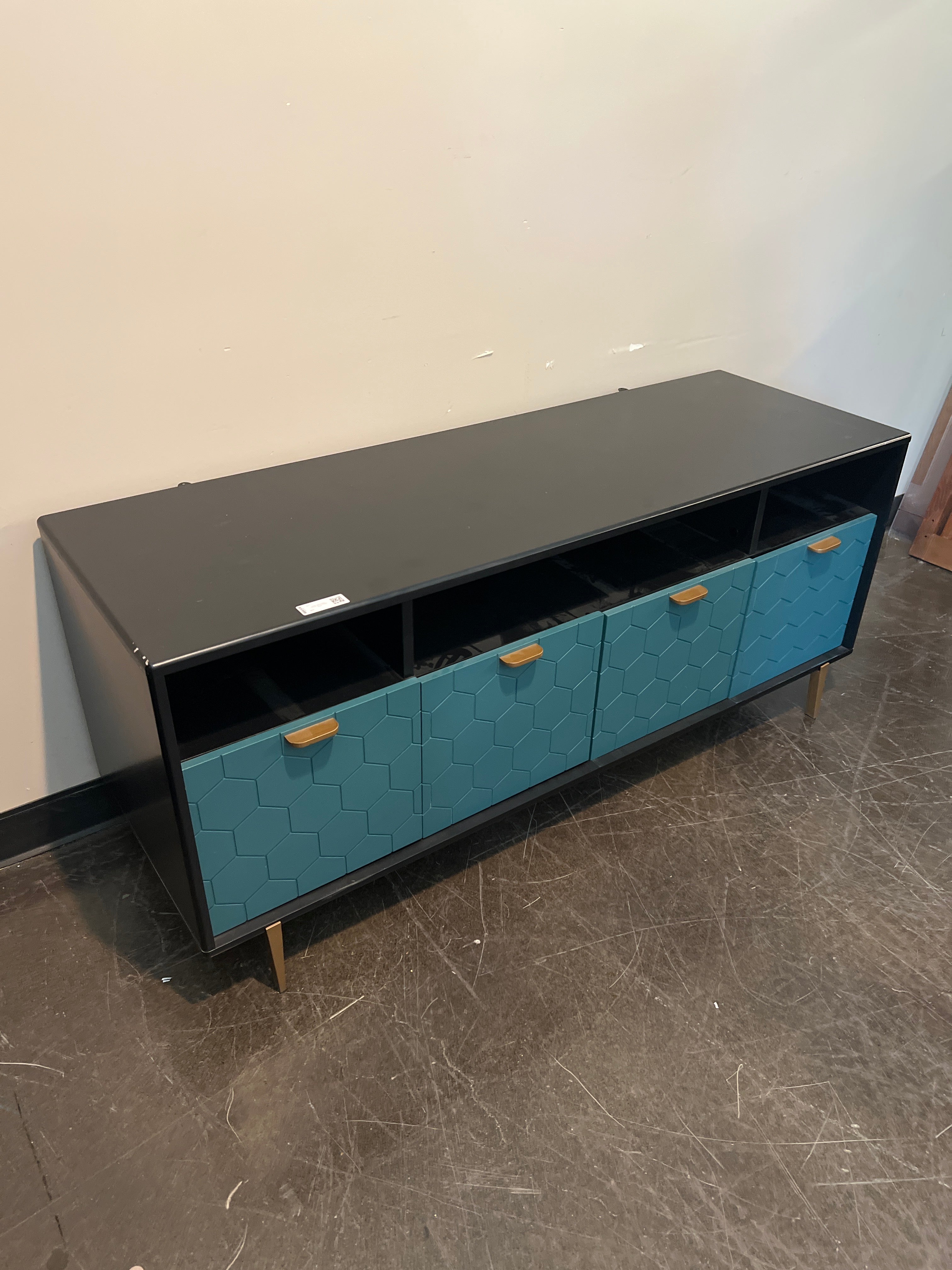 Modern Black Media Console with Hex Pattern Doors