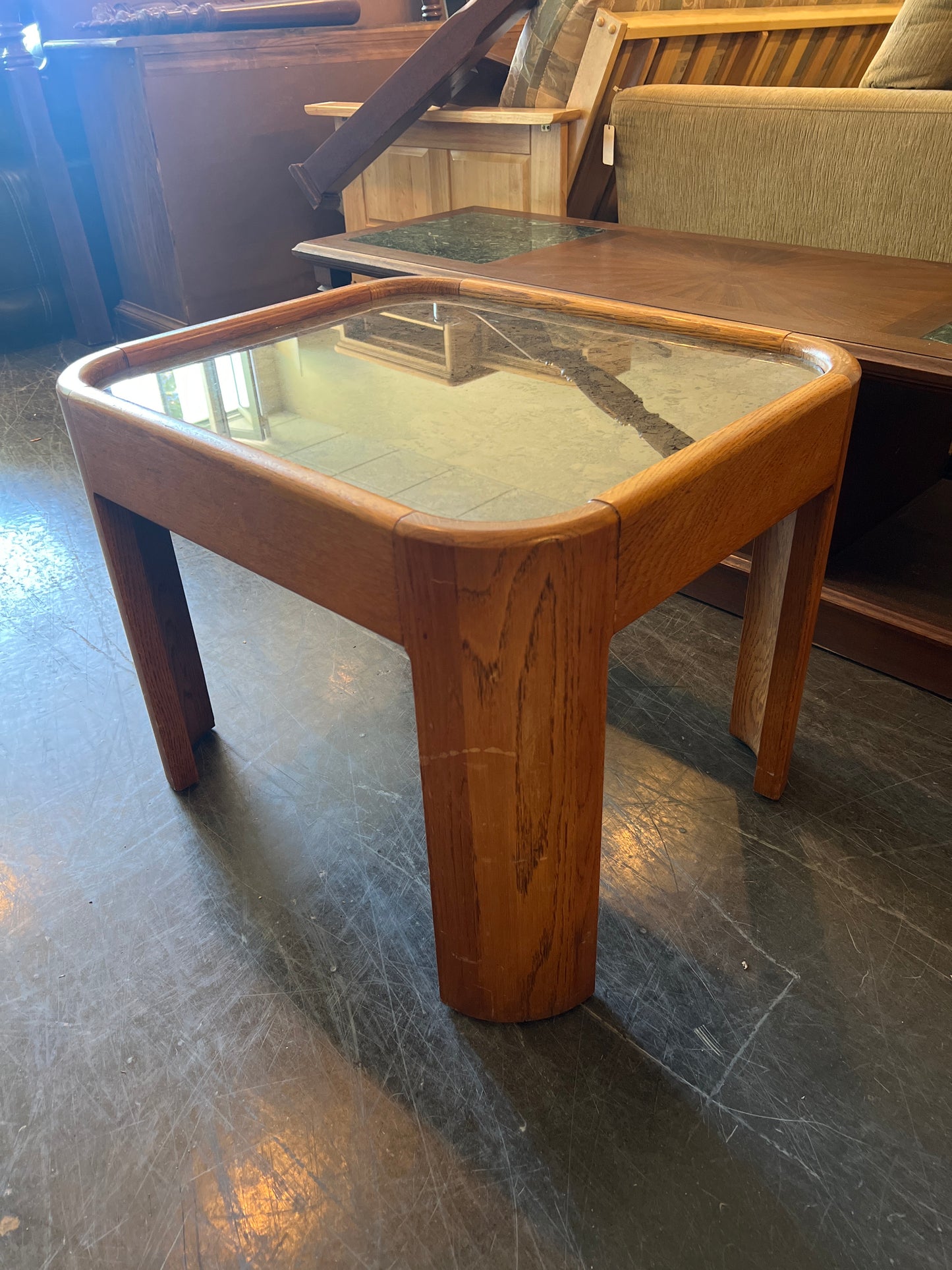 Mid-Century Oak Side Table with Tinted Glass and Burl-Style Inlay