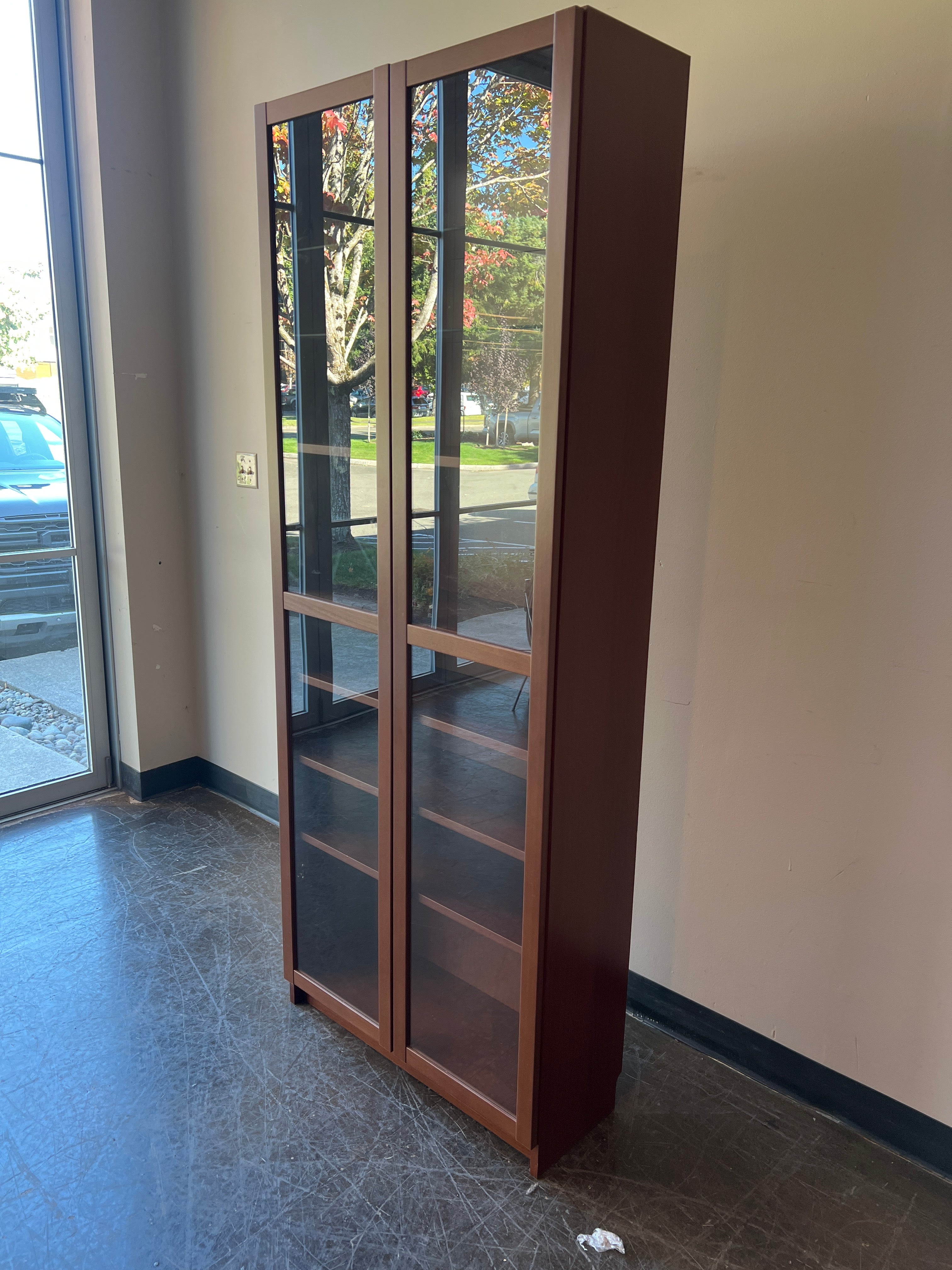Tall Brown 8-Shelf Wood Glass Display Cabinet