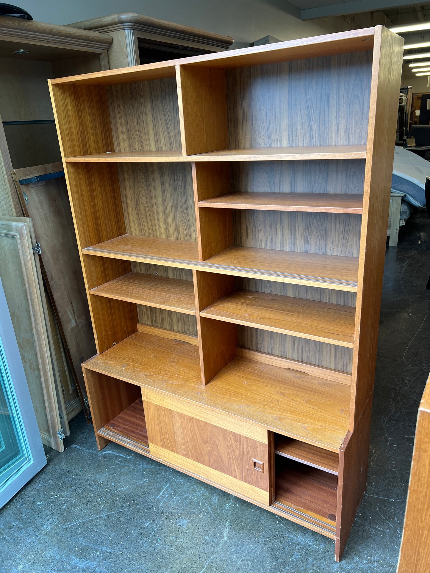 Domino Mid-Century Modern Walnut Wall Unit Bookshelf with Sliding Doors