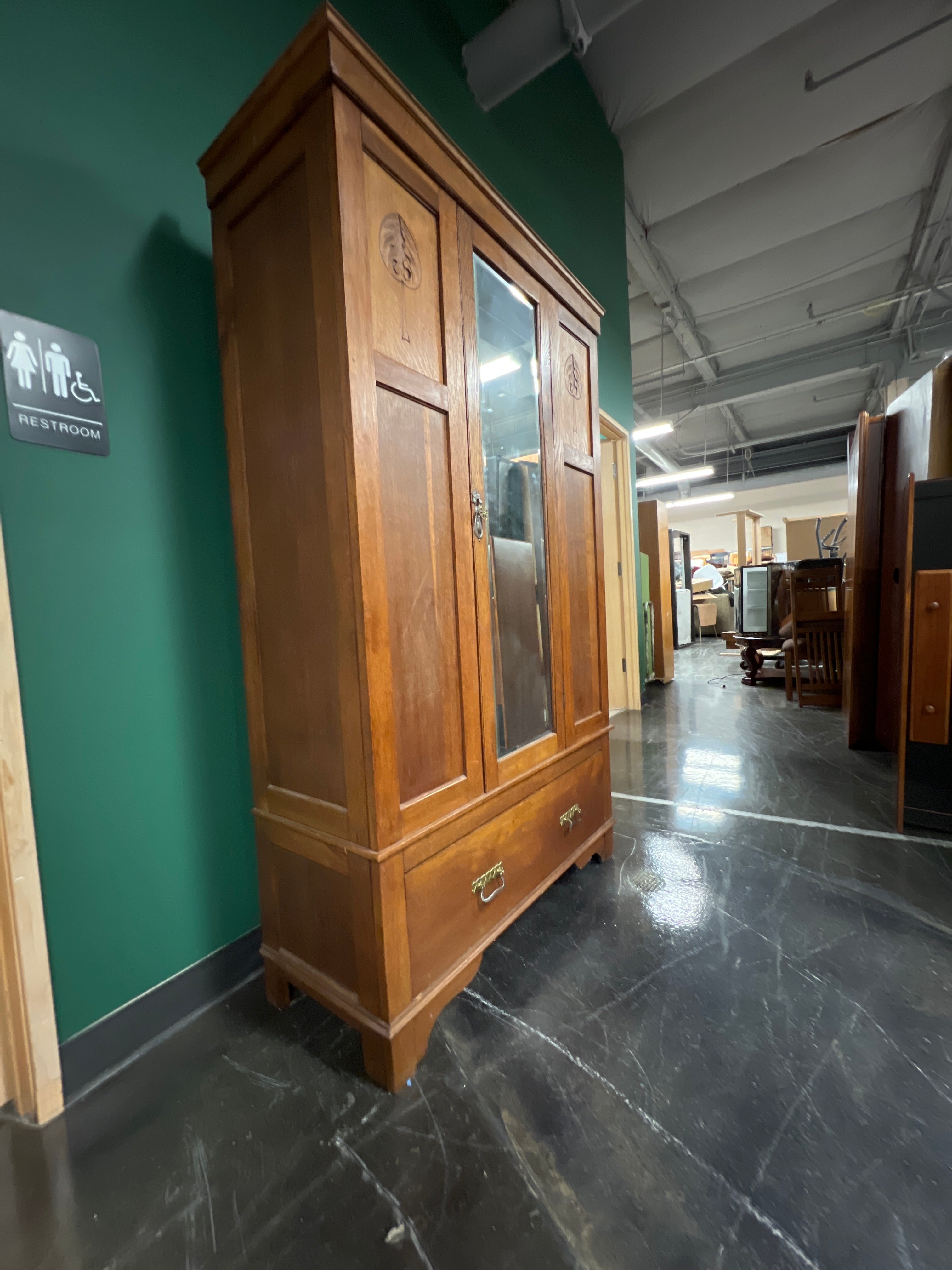 Antique Oak Armoire with Mirror & Carved Details