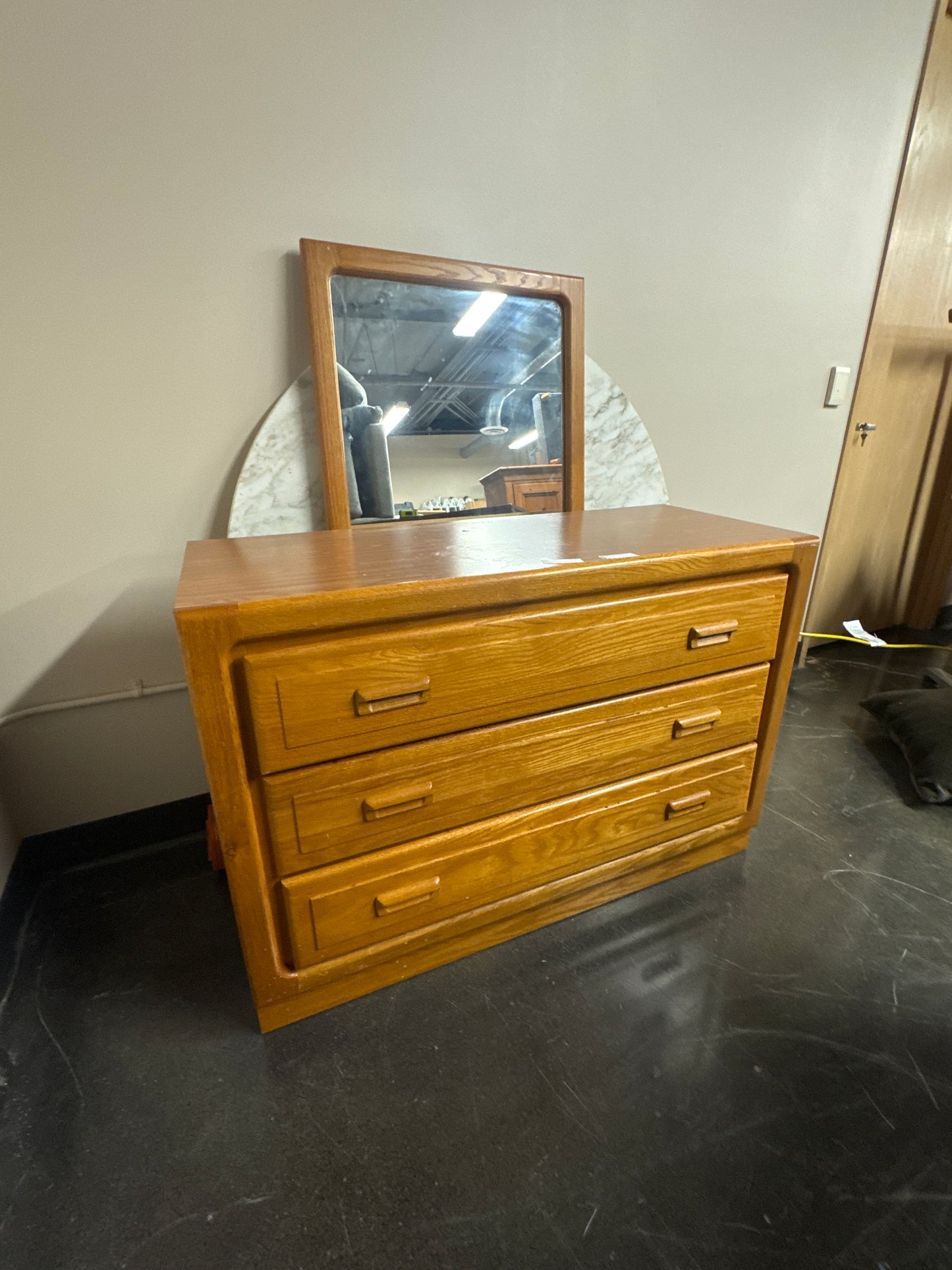 Oak Wood Three-Drawer Dresser with Mirror