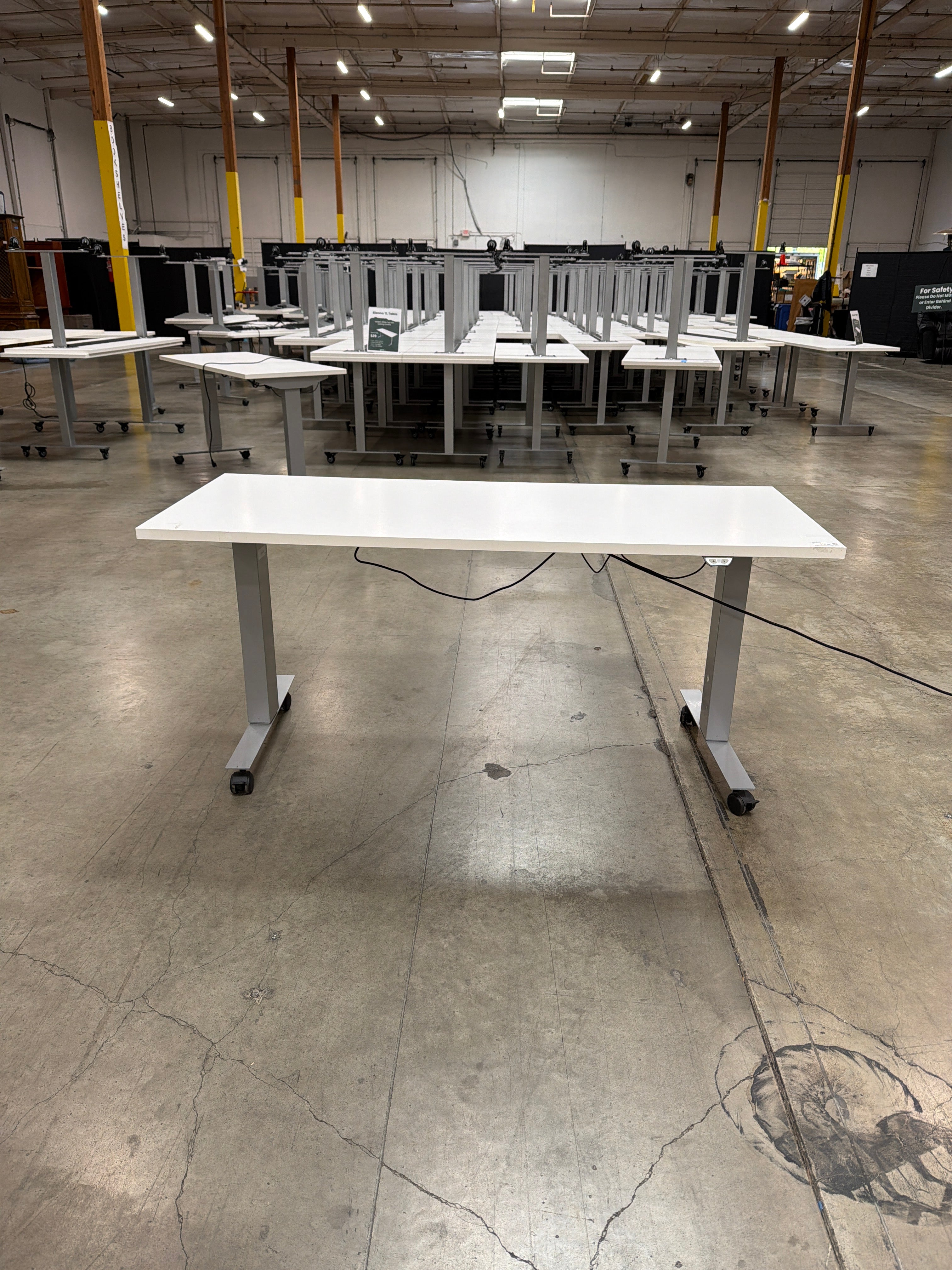 Modern Adjustable Sit Stand White Rectangular Office Desk with Grey Metal Base