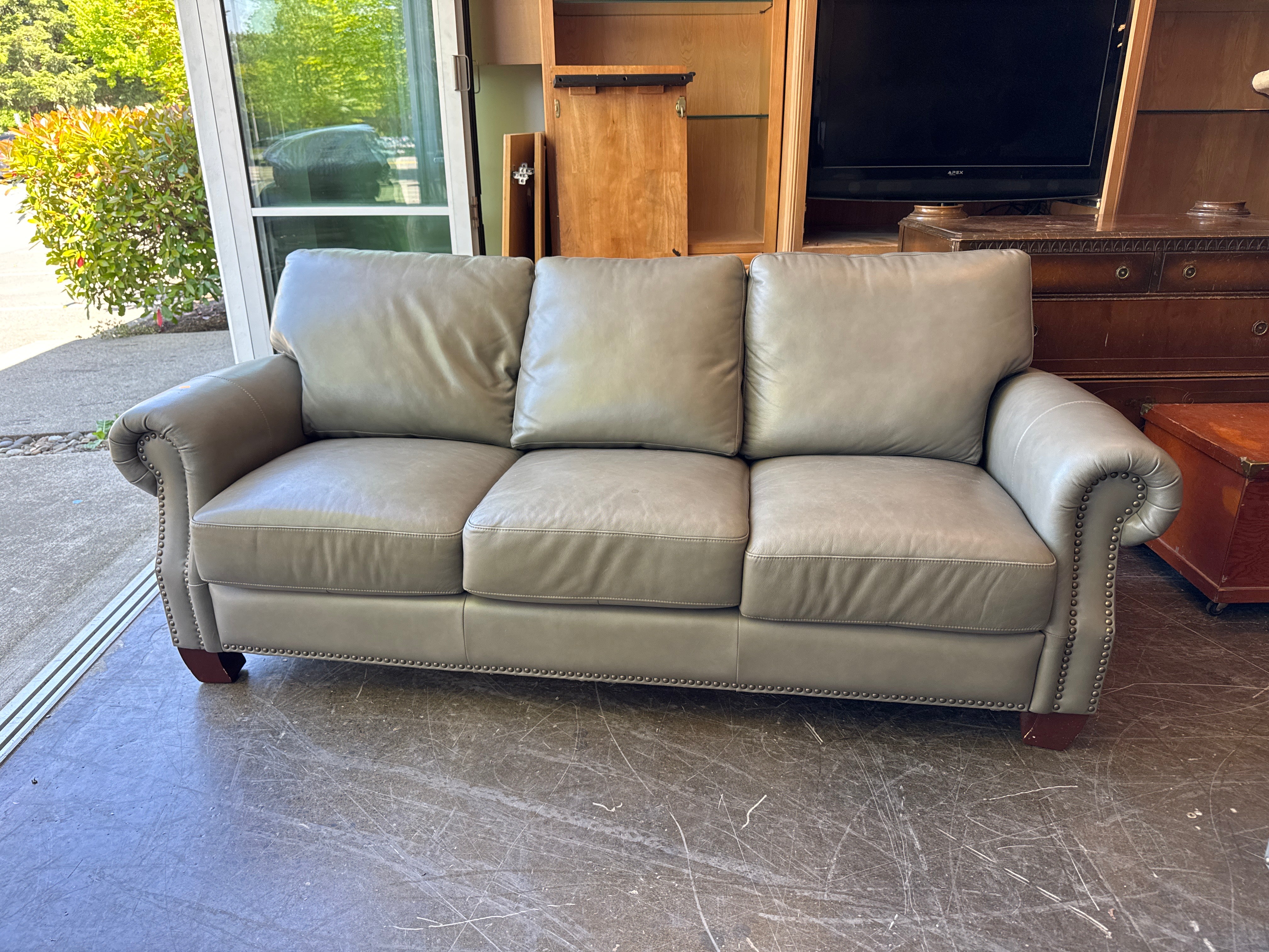 AbbySon Living Gray Leather Sofa and Ottoman