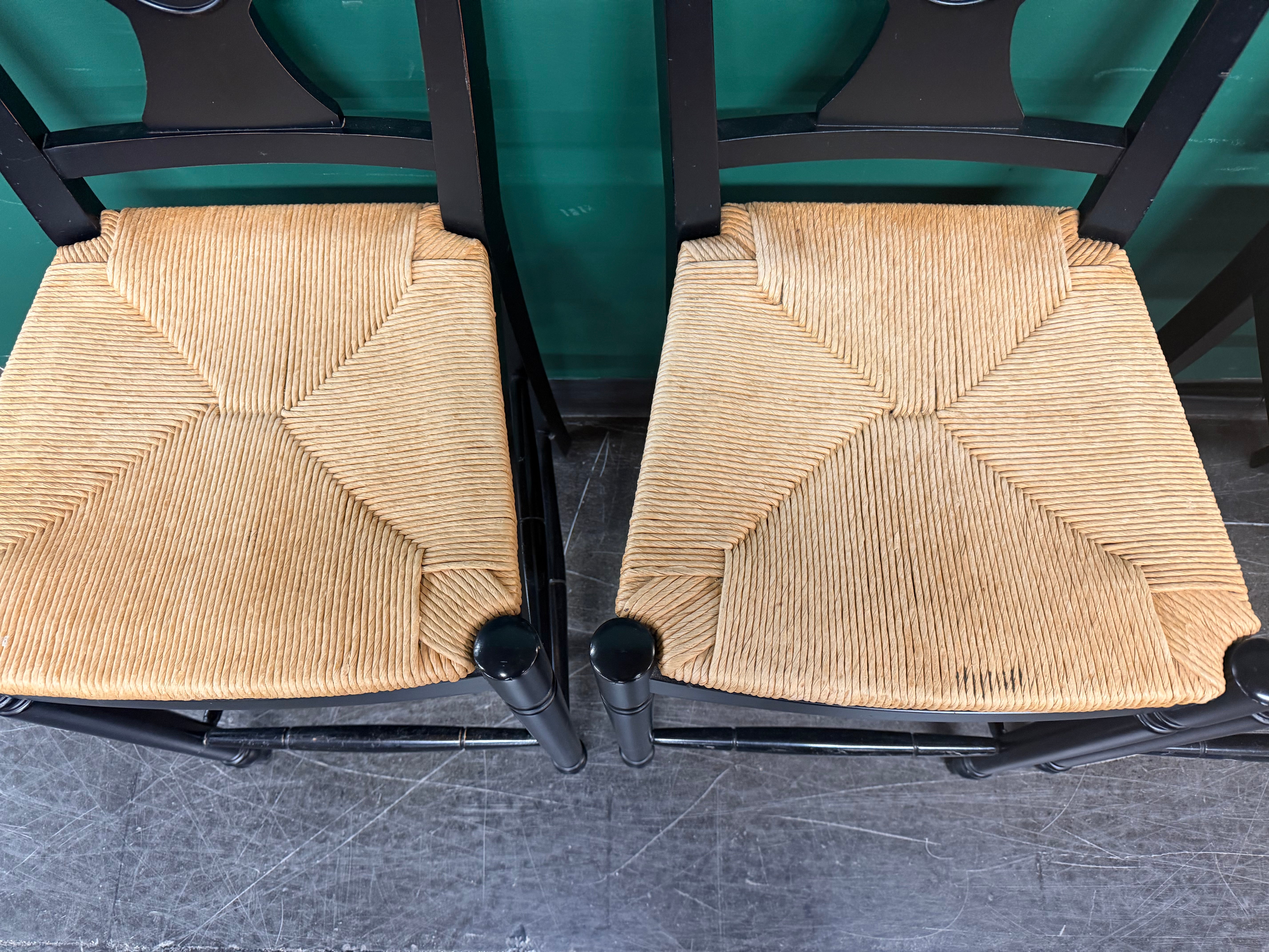 Ethan Allen Vintage French Country Rush Seat Bar Stools in Black, Set of Four