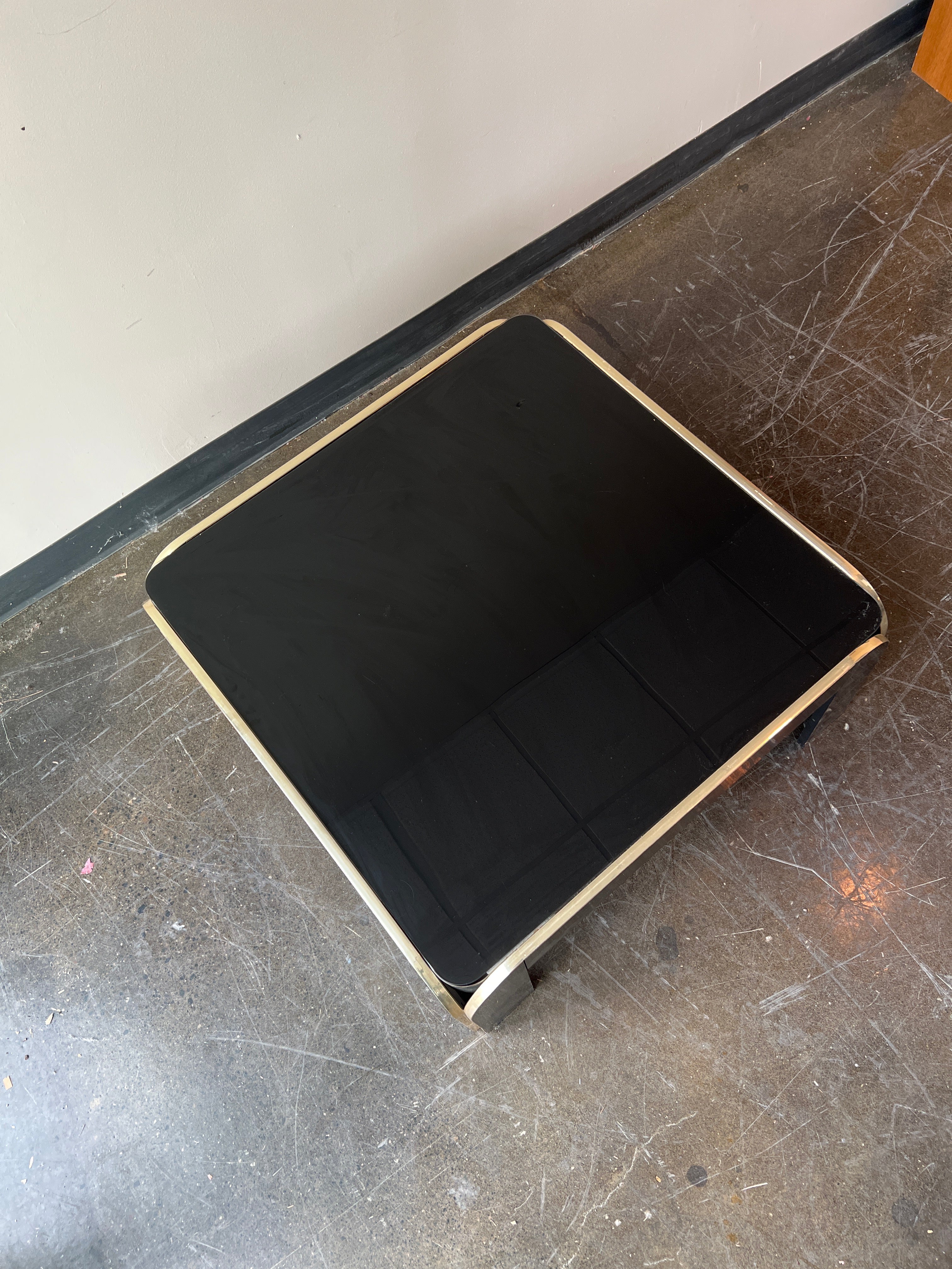 Black Glass with Brass Trim Coffee Table, Designed by Brinda Pridgen