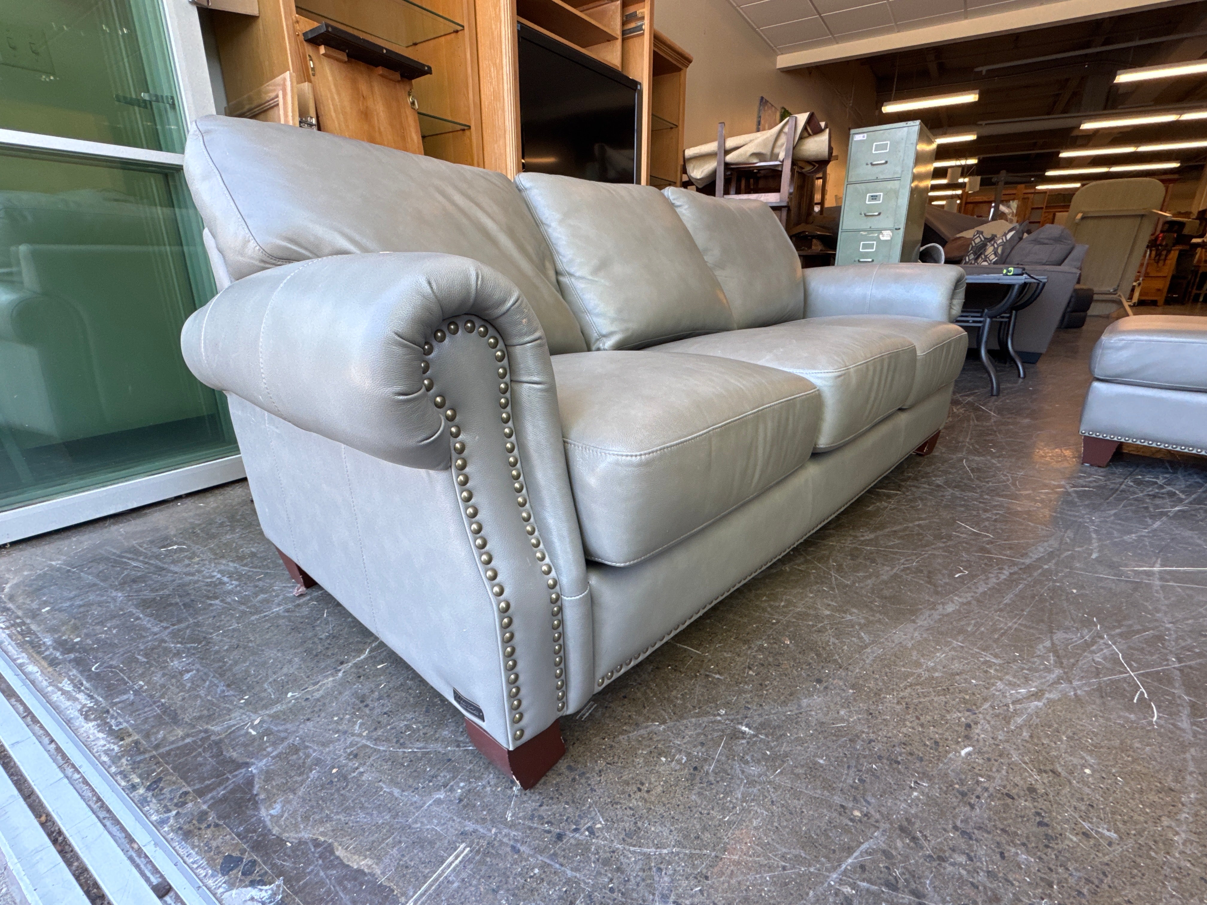 AbbySon Living Gray Leather Sofa and Ottoman