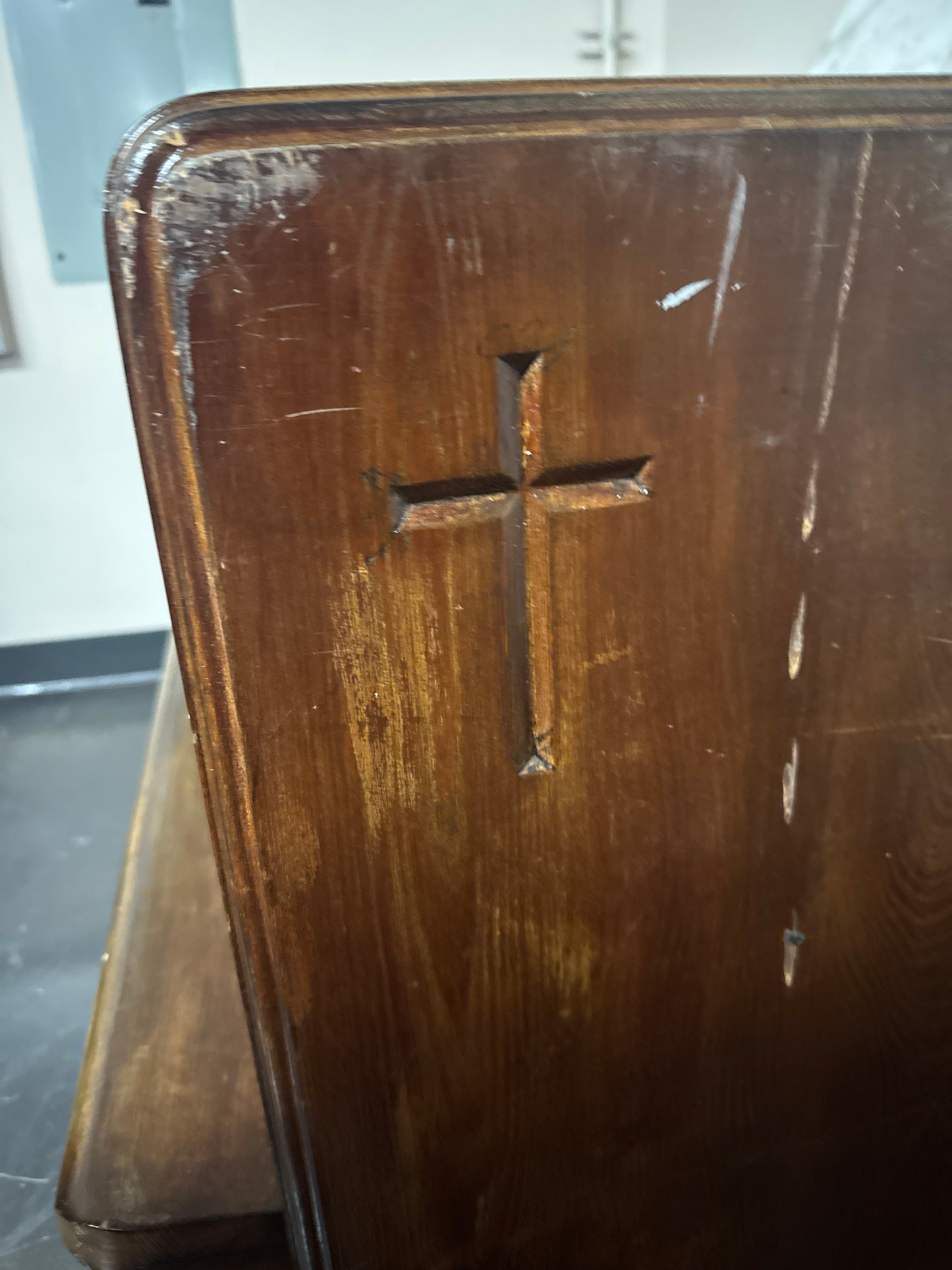 Vintage Solid Wood Church Pew with Carved Cross Detail