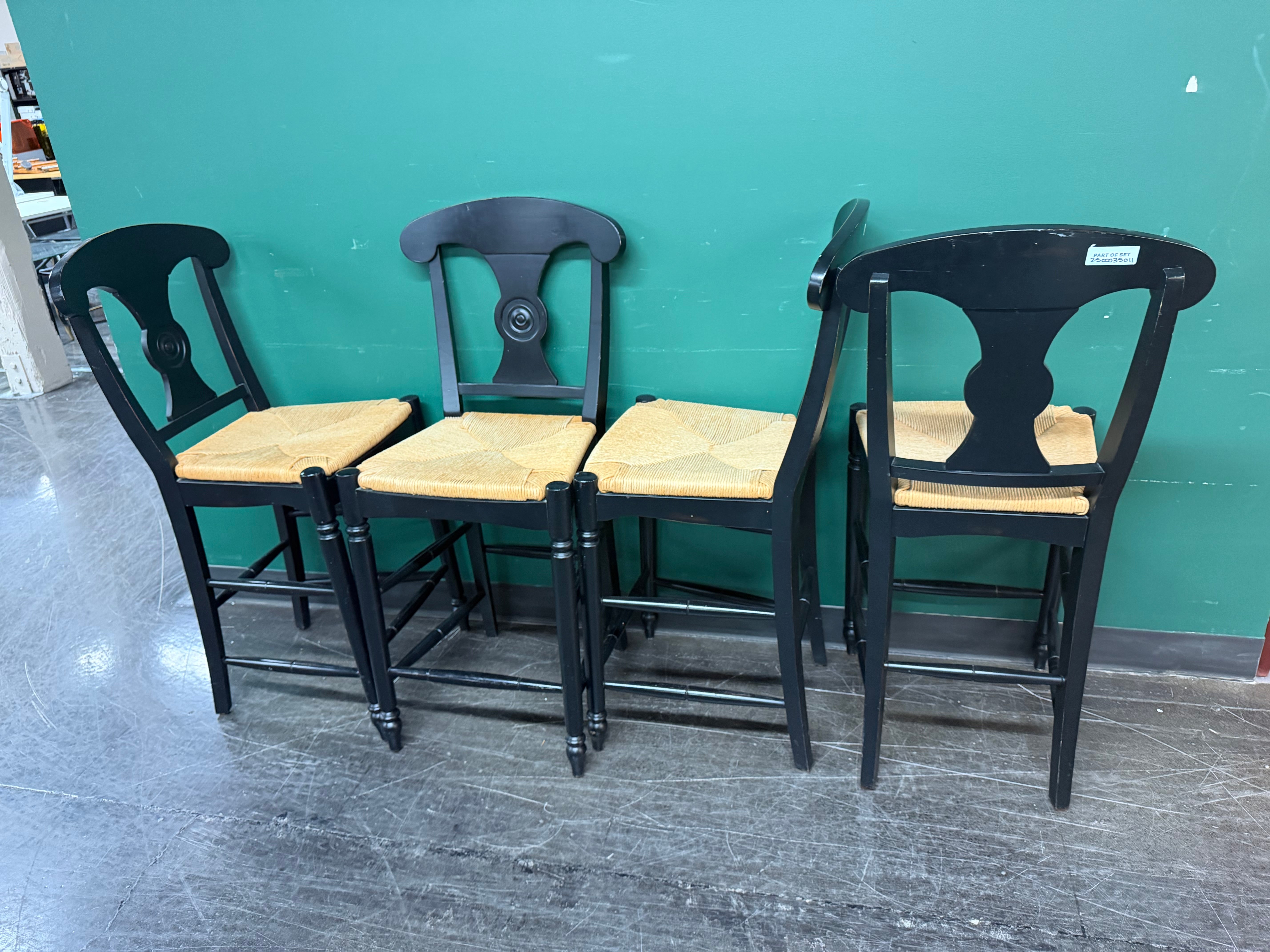 Ethan Allen Vintage French Country Rush Seat Bar Stools in Black, Set of Four