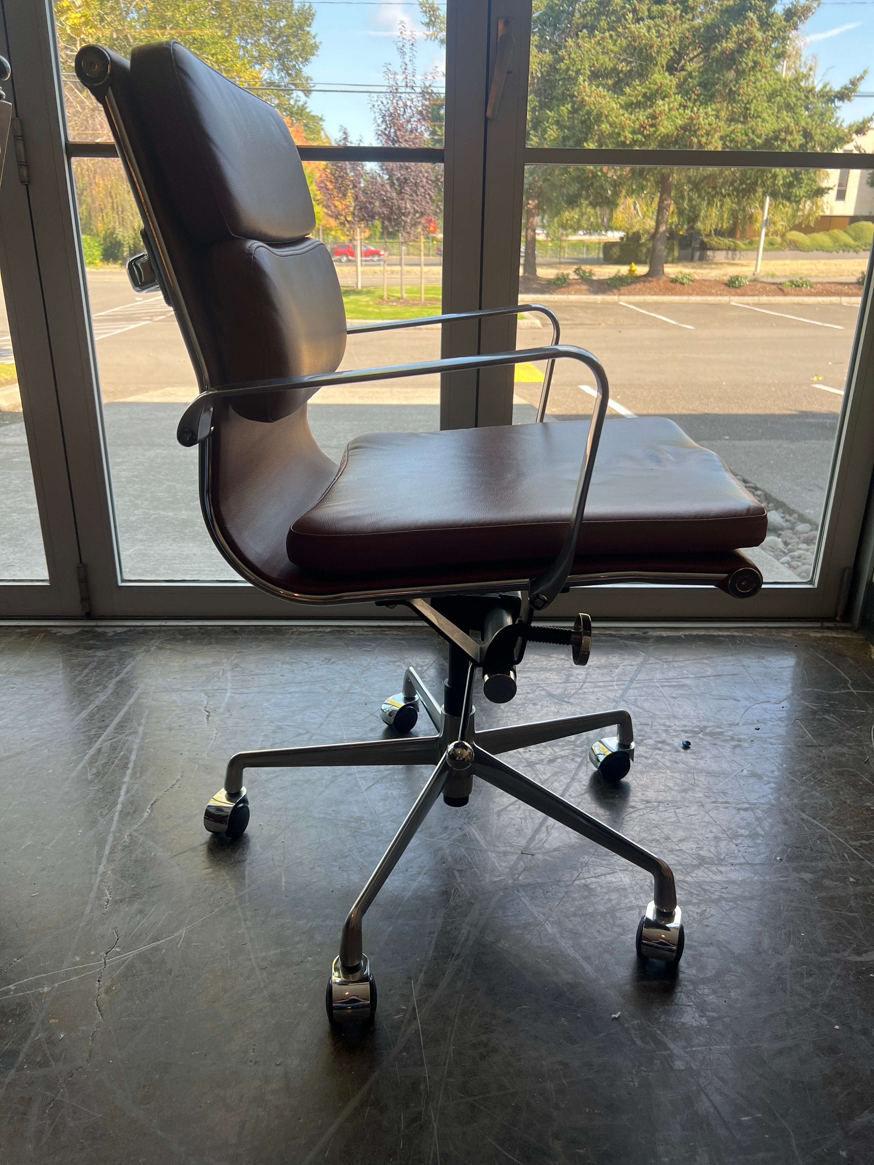 Mid-Century Modern Brown Leather Office Chair with Chrome Base