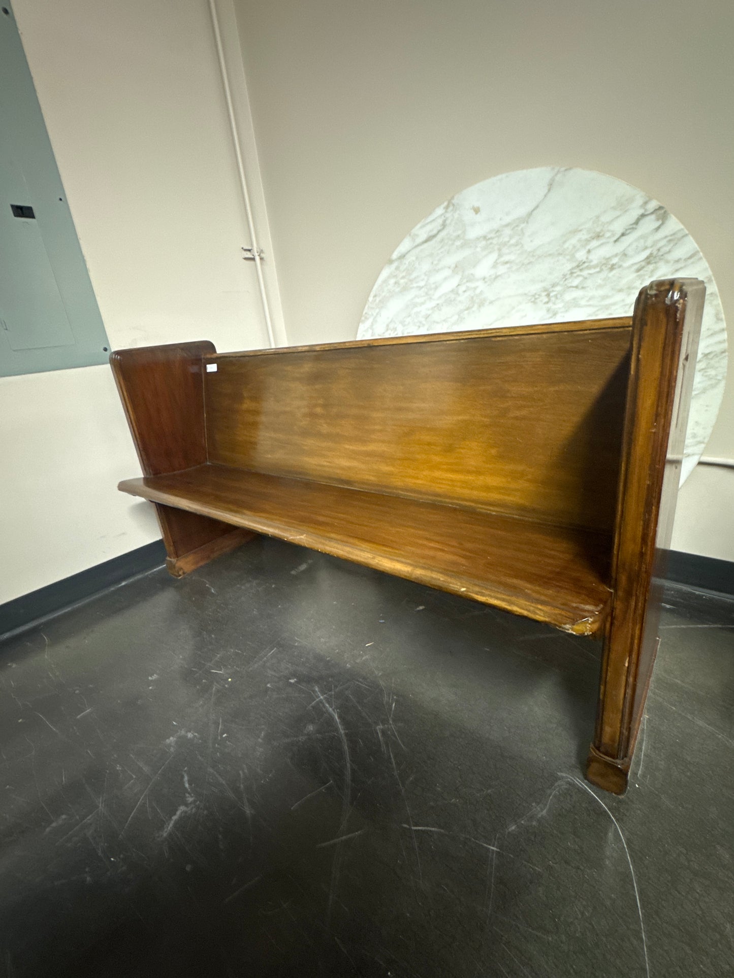 Vintage Solid Wood Church Pew with Carved Cross Detail