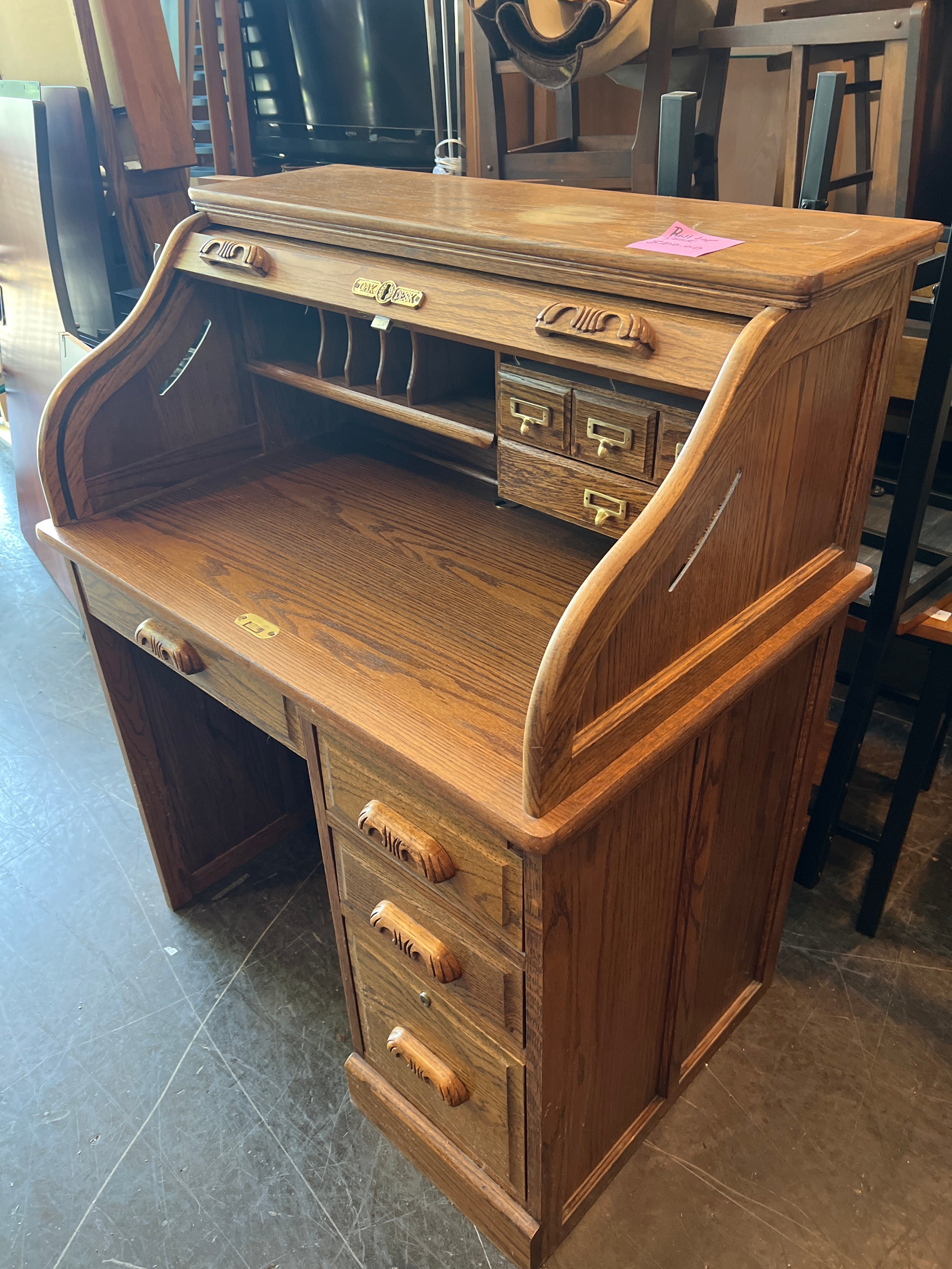Solid Oak Roll-Top Desk with Drawers
