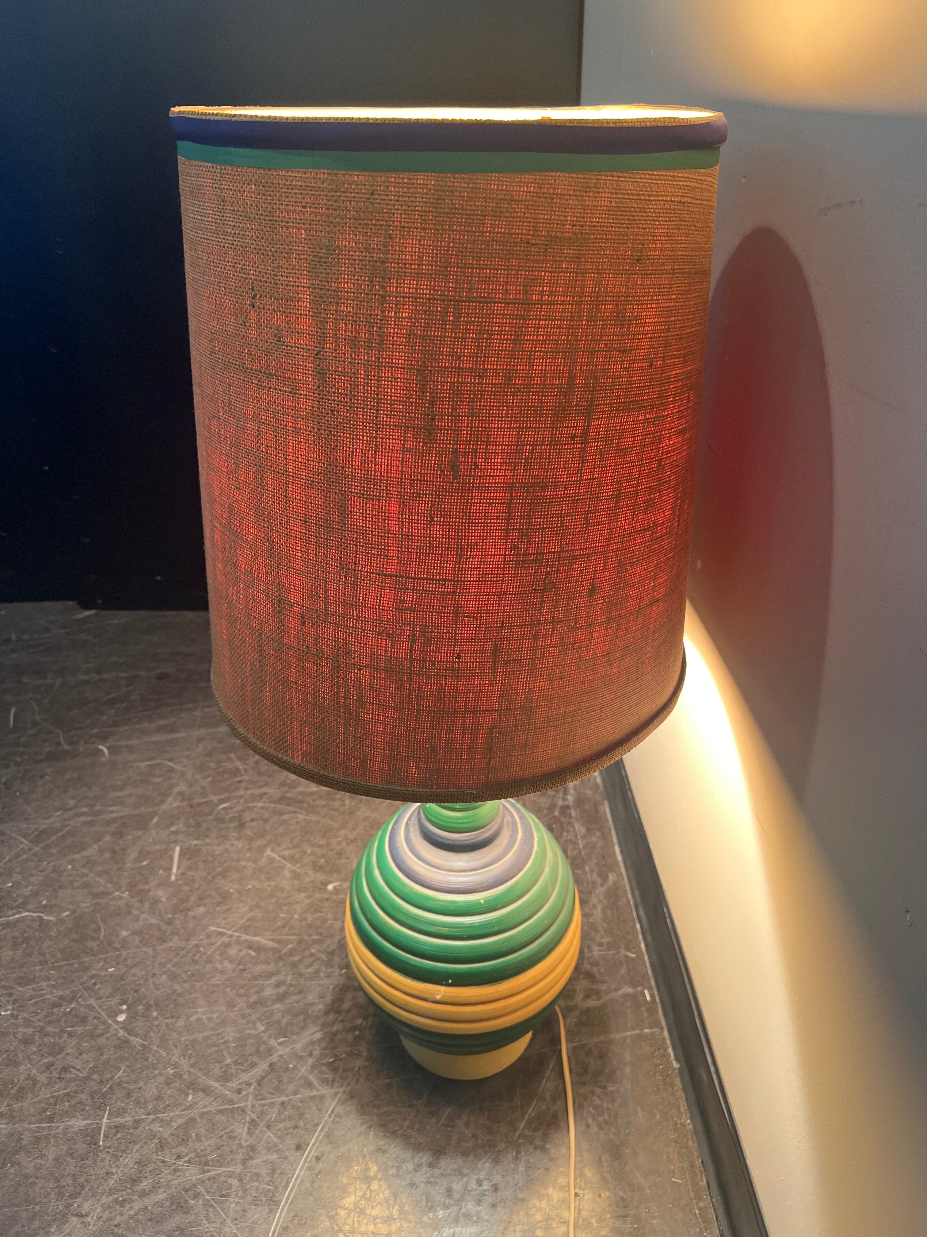 Mid-Century Modern Table Lamp with Striped Ceramic Base