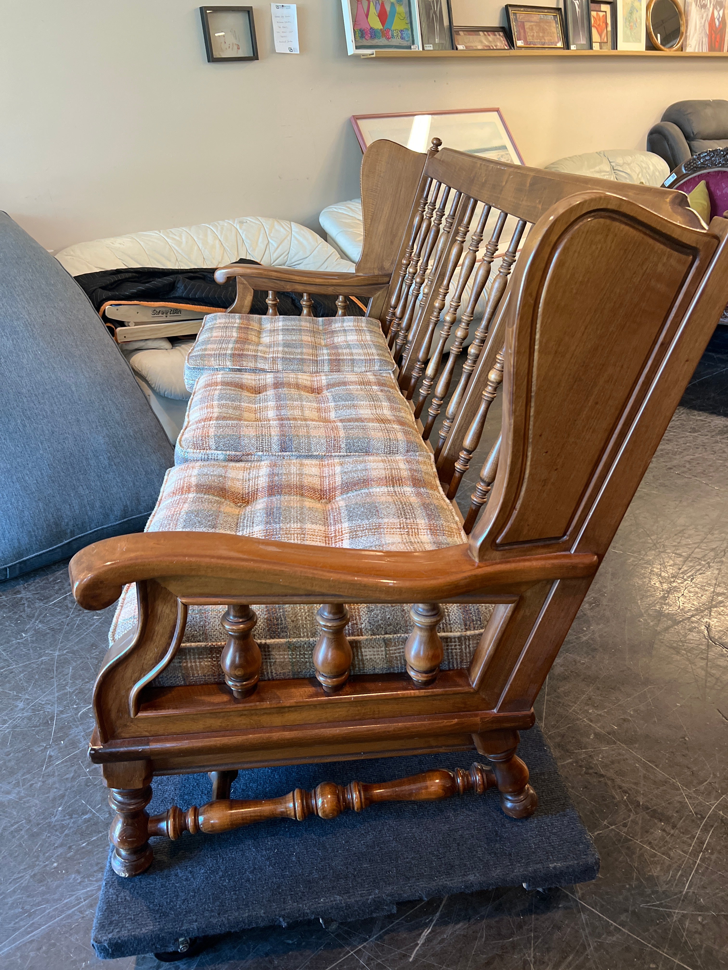 Rustic Wooden Settee with Plaid Cushion