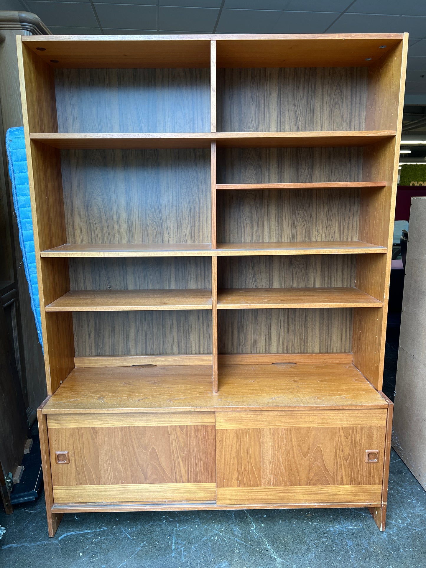 Domino Mid-Century Modern Walnut Wall Unit Bookshelf with Sliding Doors