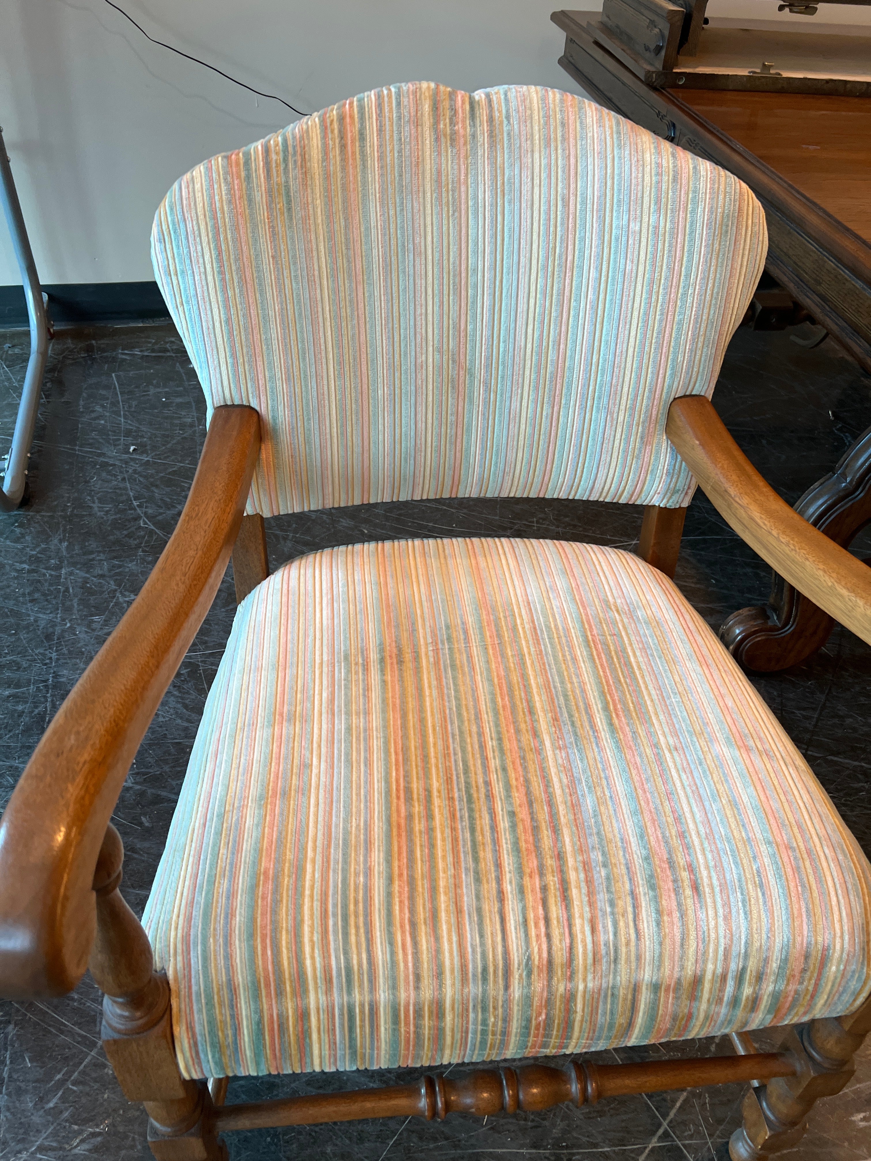 Classic Wood Frame Armchair with Multicolor Stripes