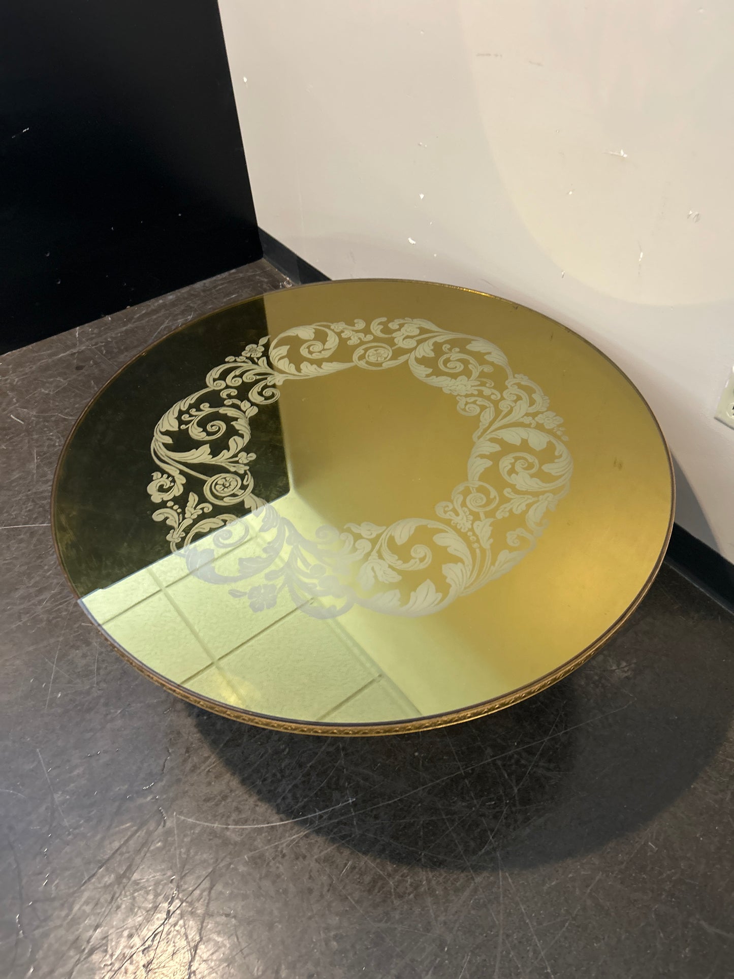 Gold Mirrored Round Coffee Table with Etched Design