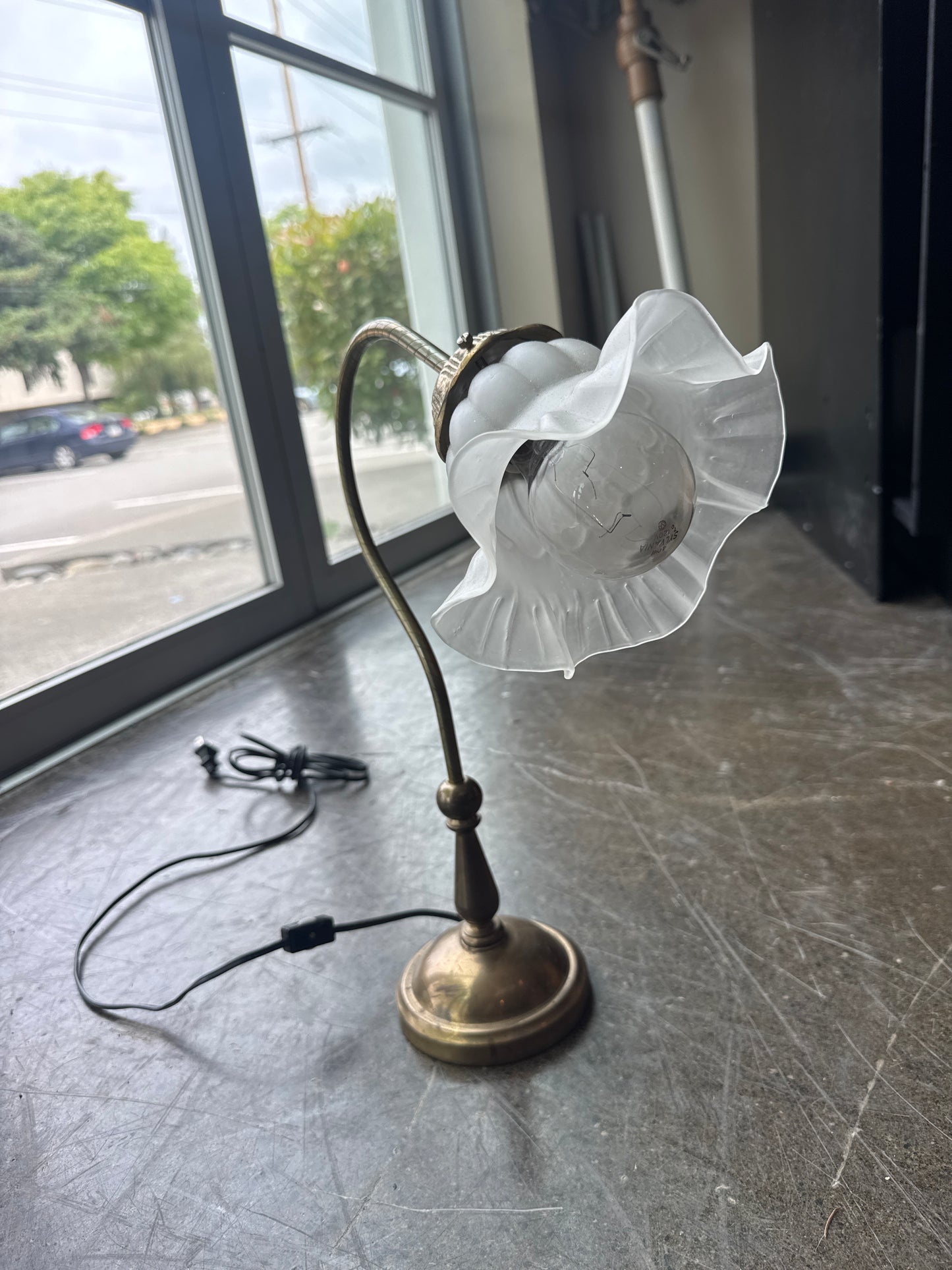 Vintage Brass Gooseneck Table Lamp with Frosted Glass Shade