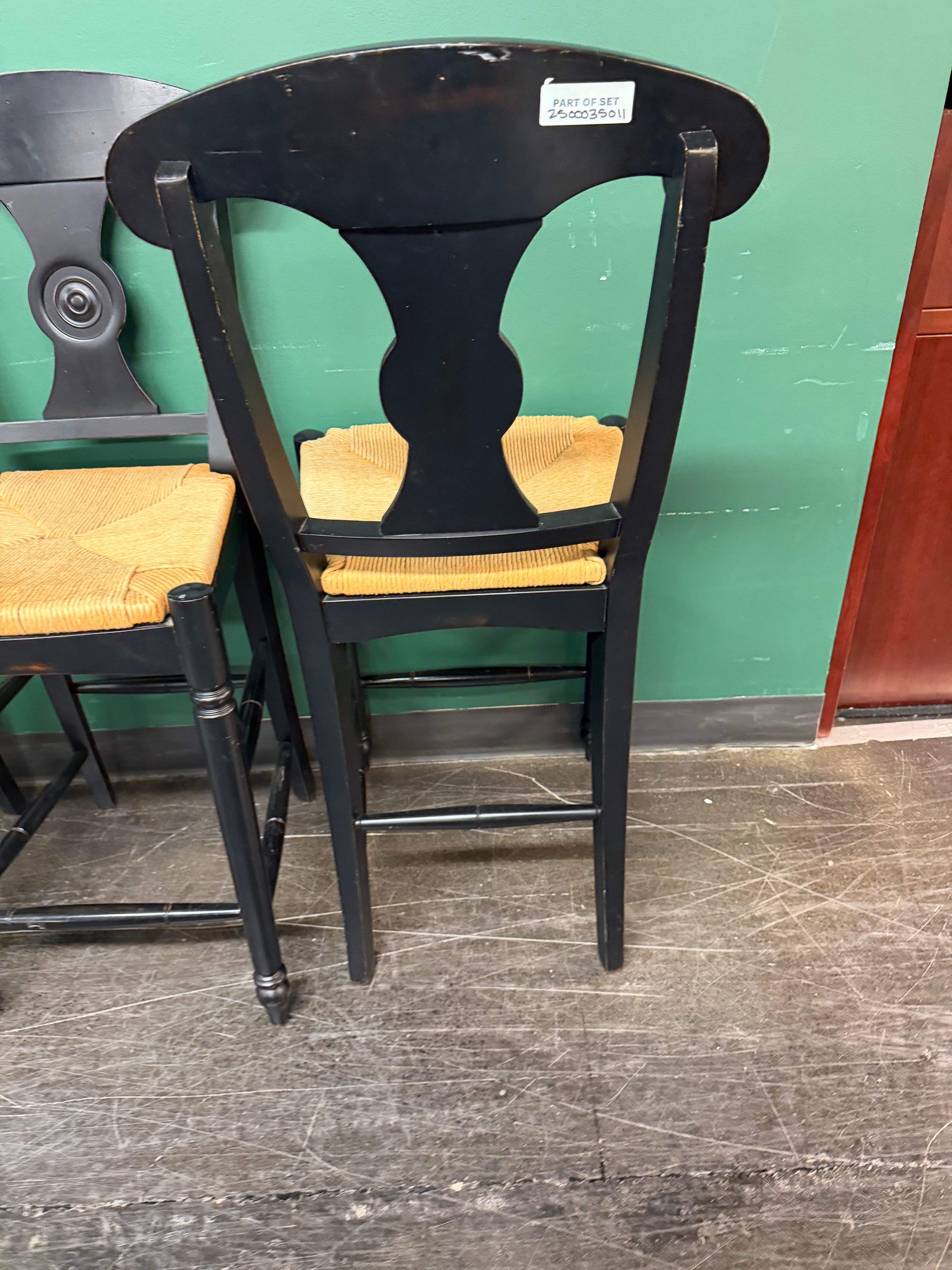 Ethan Allen Vintage French Country Rush Seat Bar Stools in Black, Set of Four