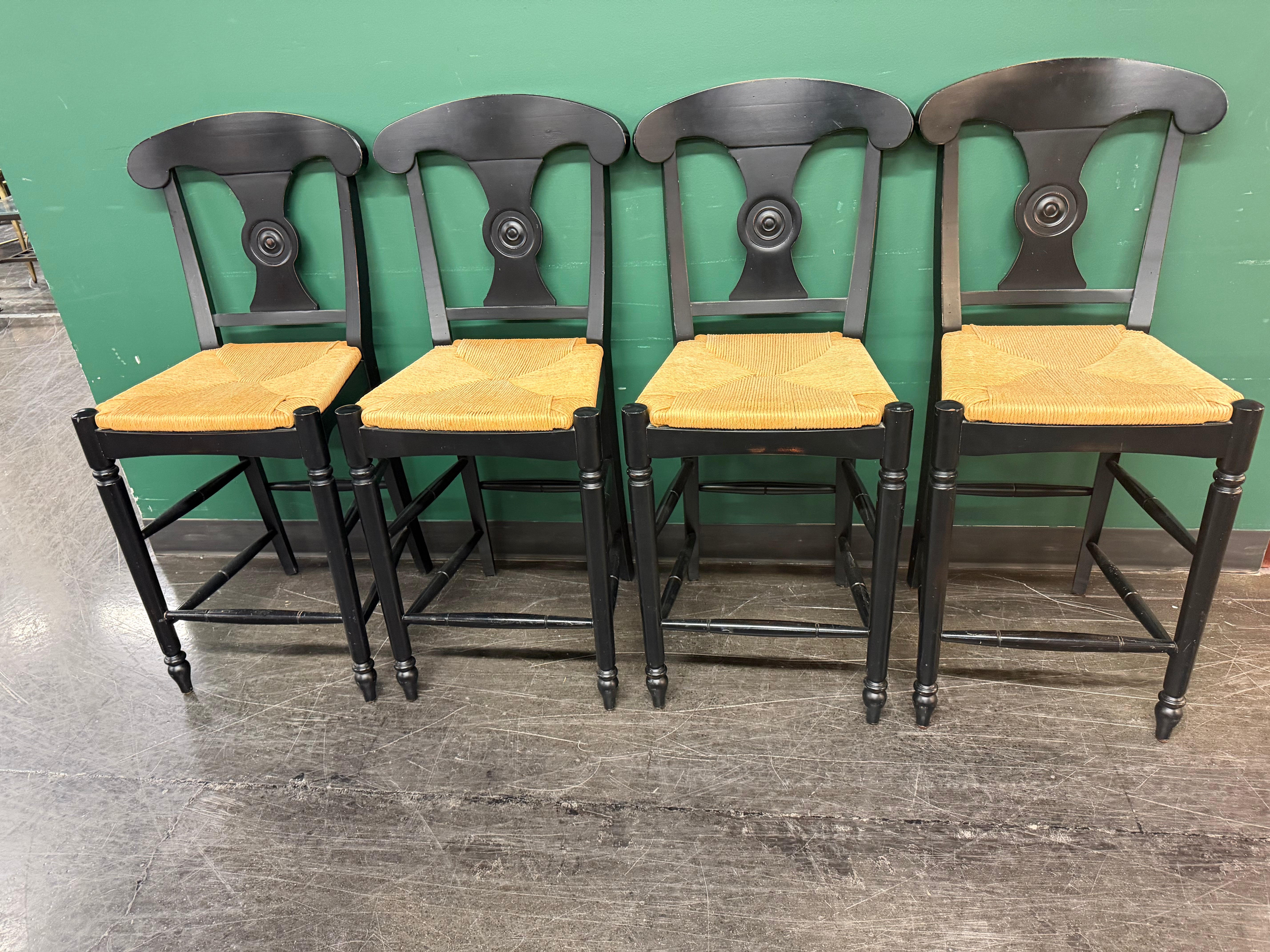Ethan Allen Vintage French Country Rush Seat Bar Stools in Black, Set of Four