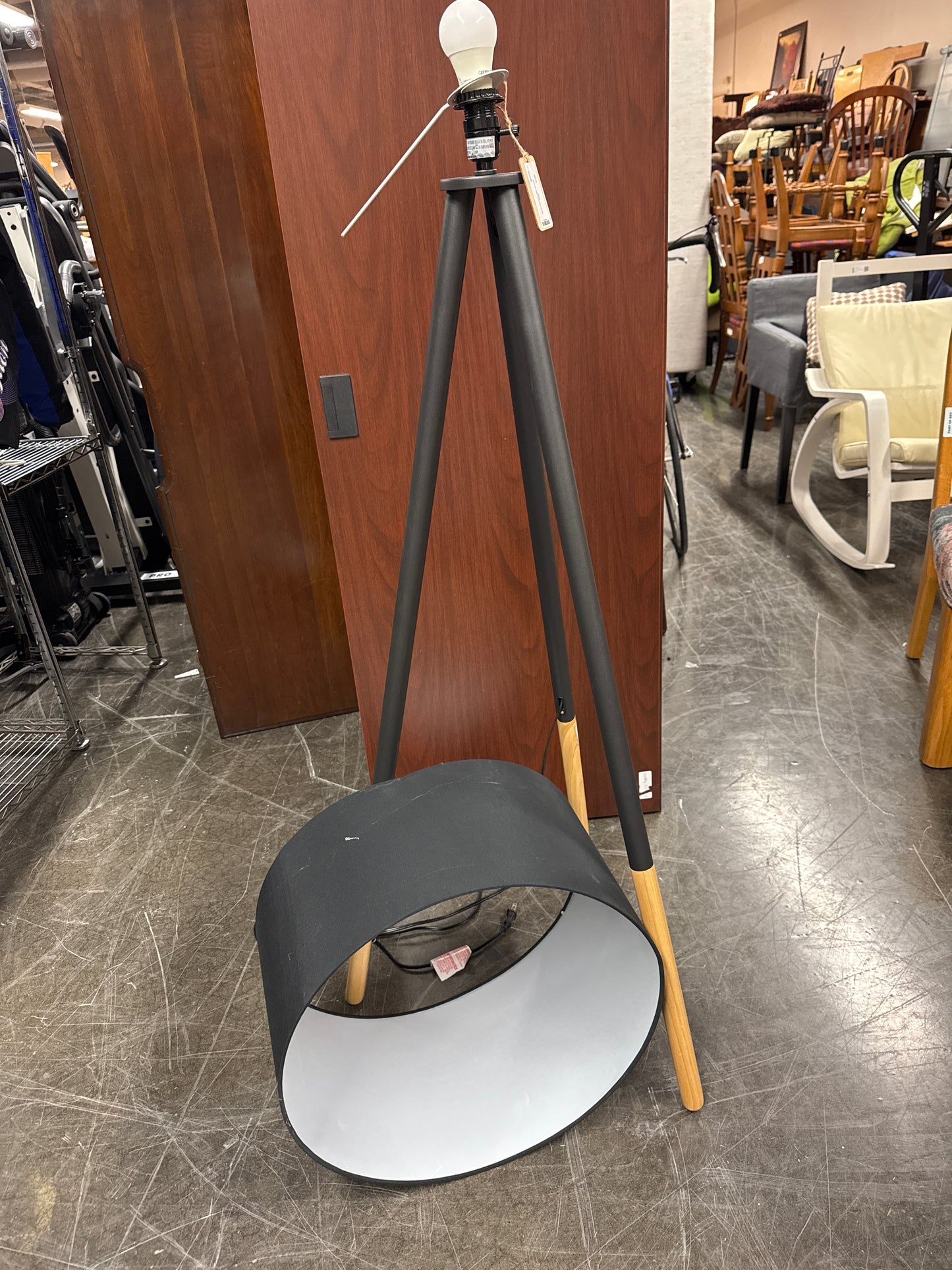 Modern Tripod Floor Lamp, with Damaged Black Lampshade