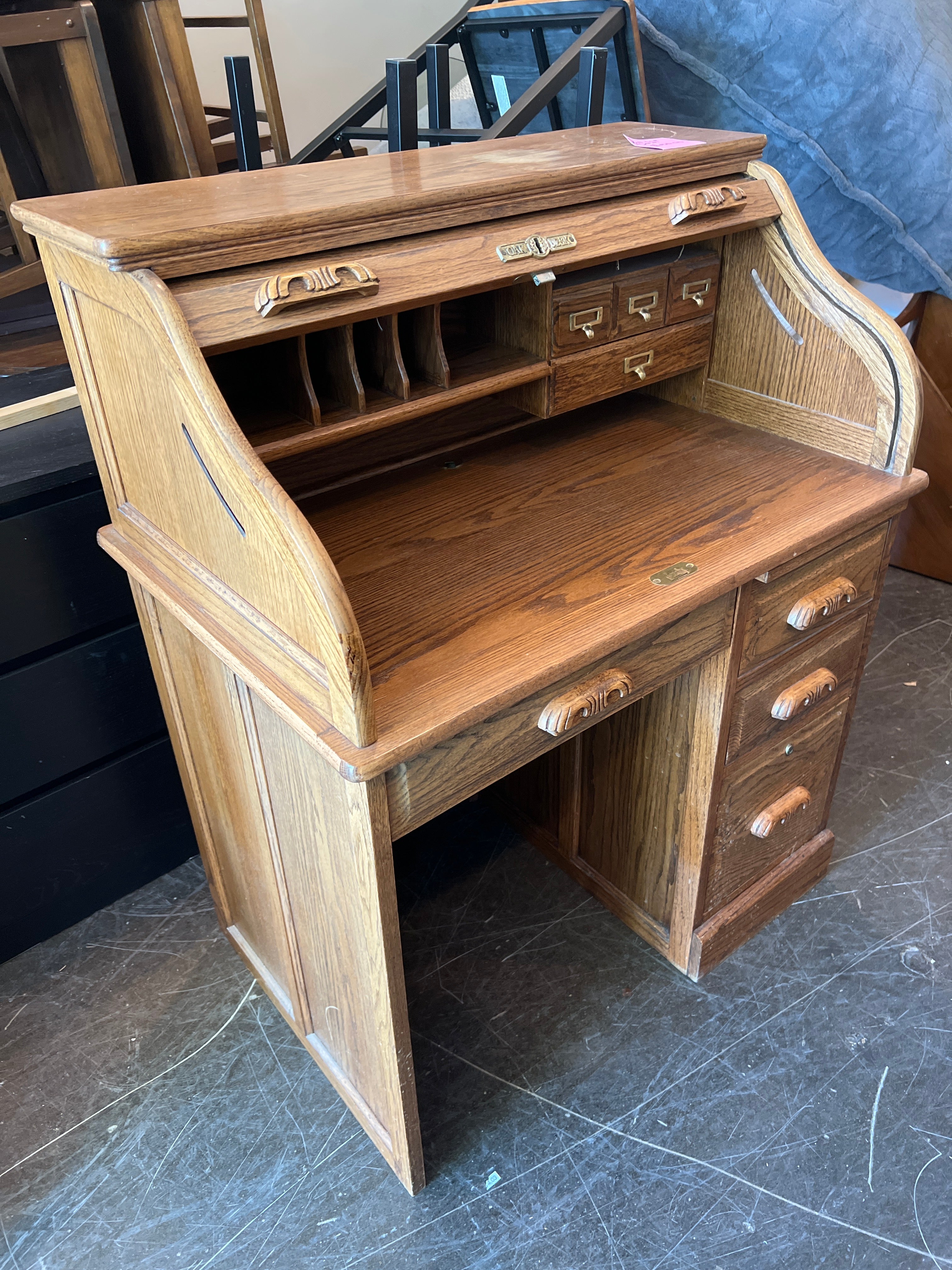 Solid Oak Roll-Top Desk with Drawers