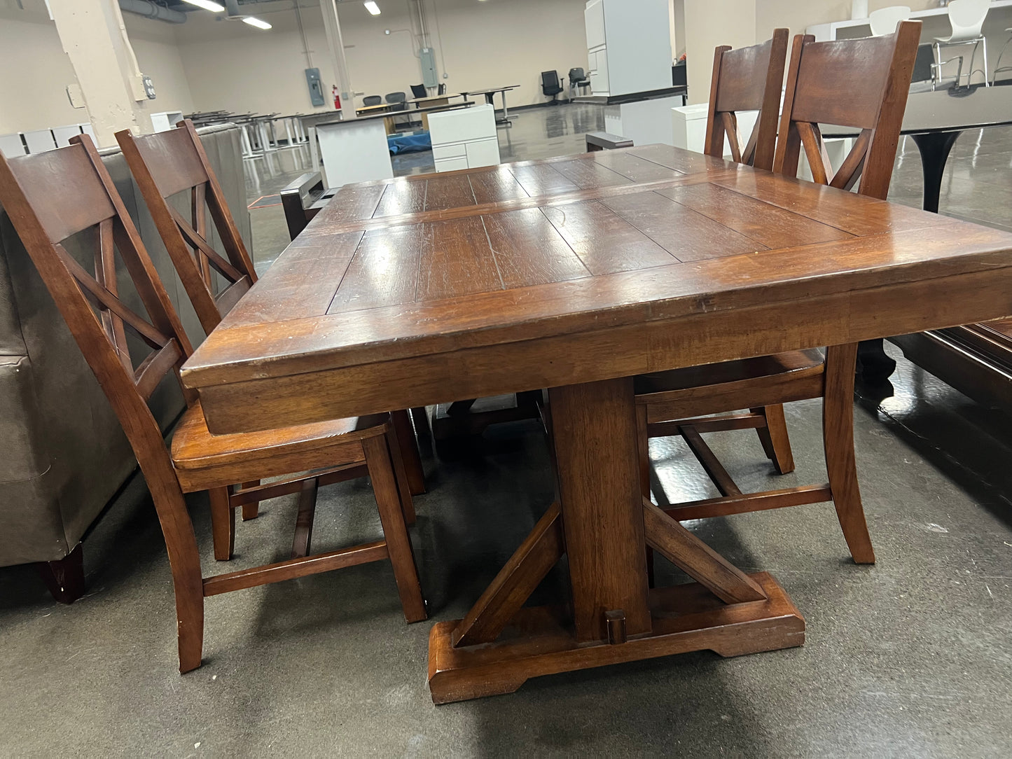 Dark Brown Farmhouse Style Dining Table w/ Leaf and 6 Chairs Set