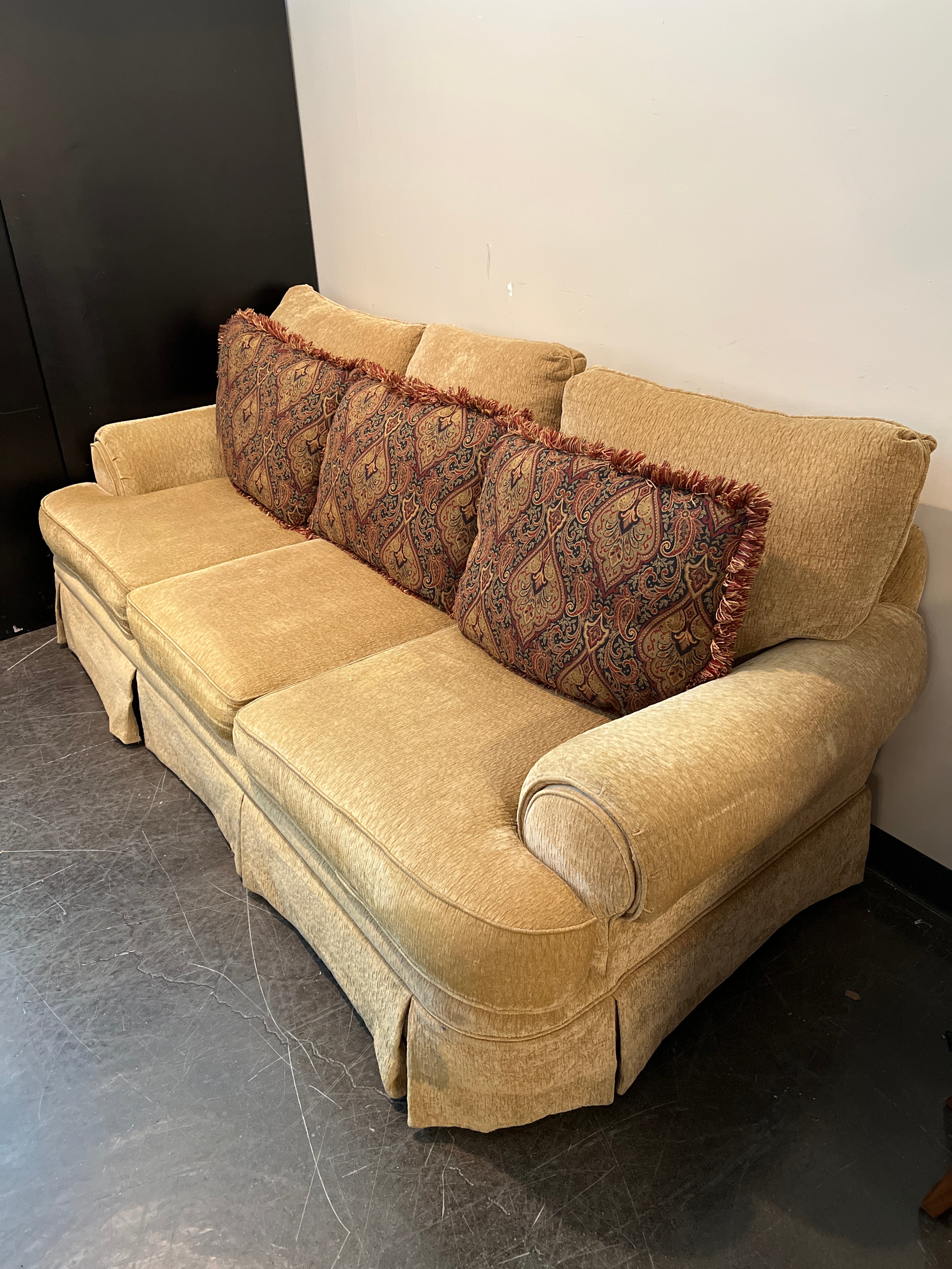 Beige Broyhill Sofa with Ornate Pillows