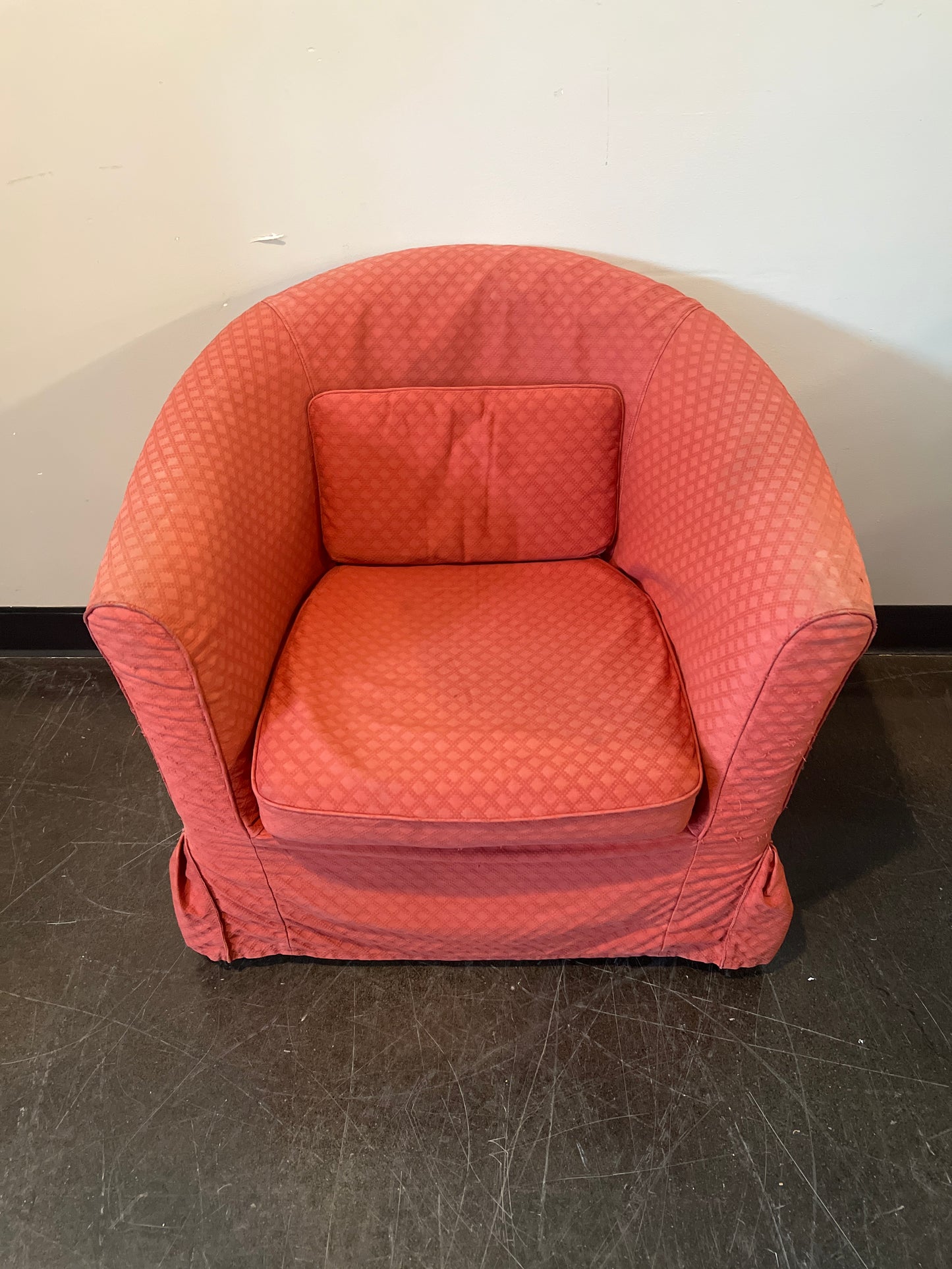 Vintage Red Barrel-Back Armchair with Skirt