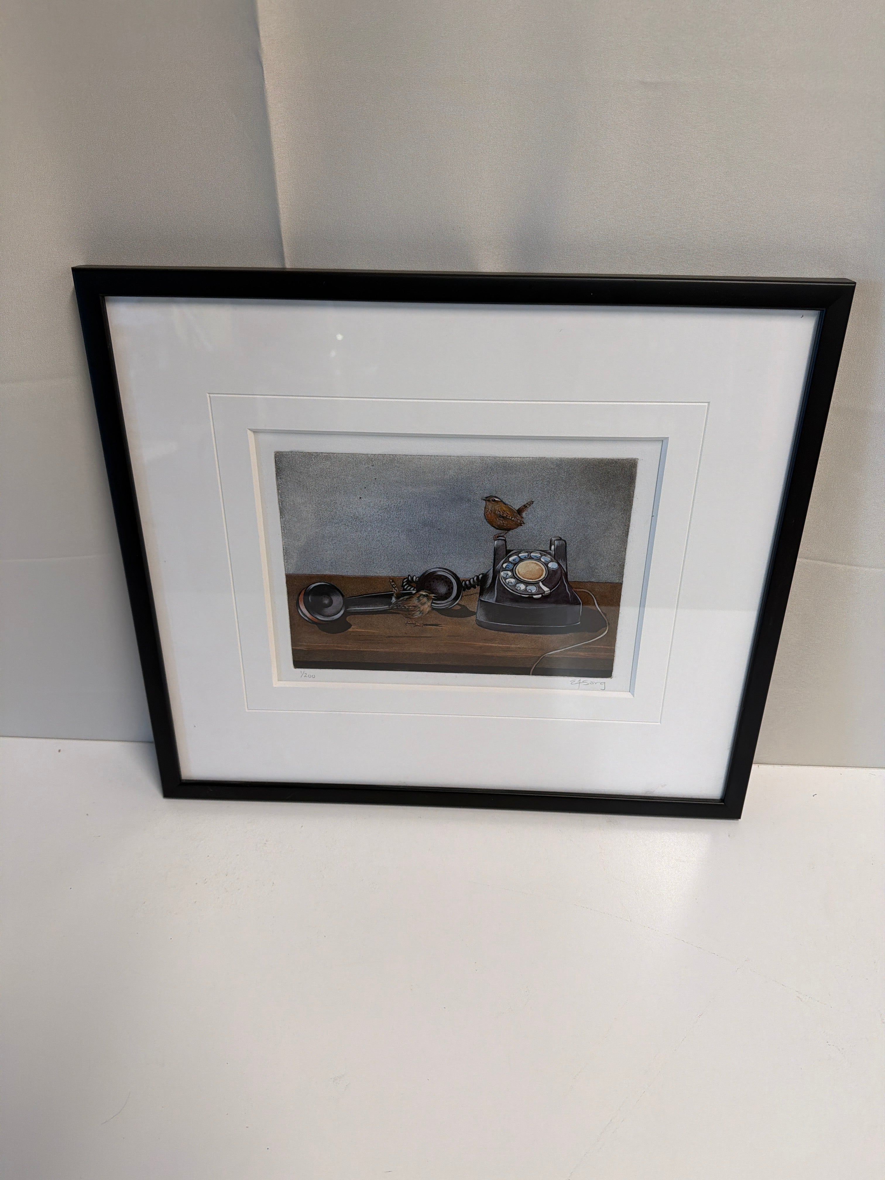 Limited Edition Rotary Telephone and Bird Framed Art Print by PNW artist
