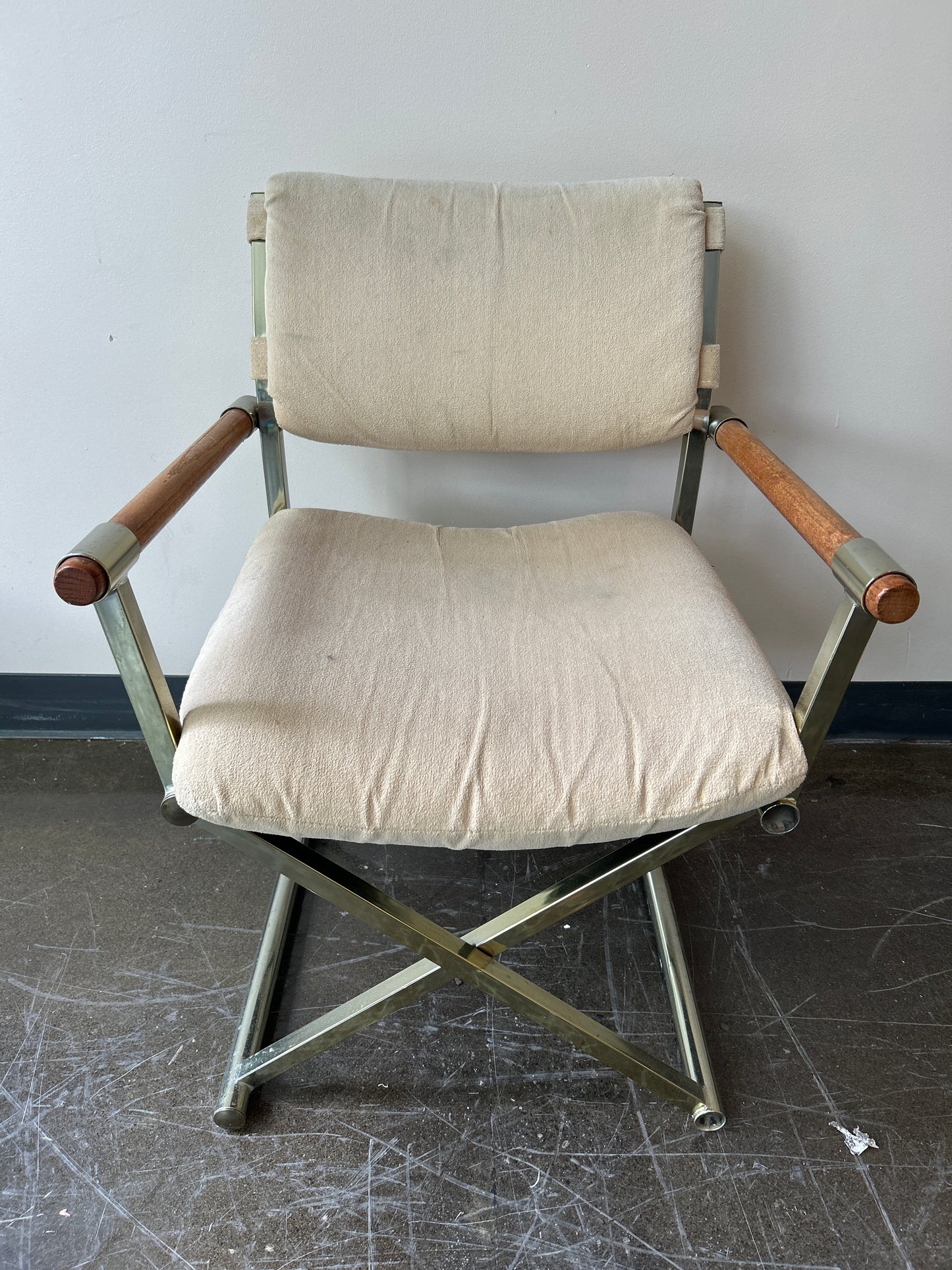 Vintage White Cushion Directors Chair with Wood and Metal Accent