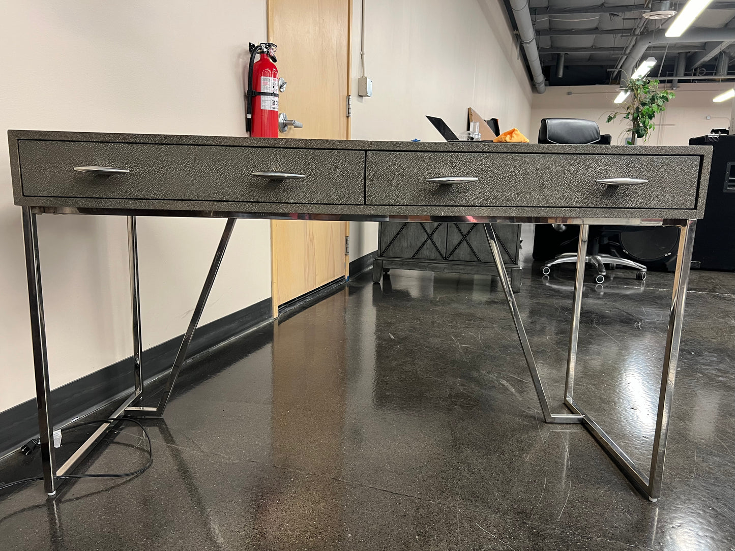 Grey Textured Desk with Chrome Legs and Accents