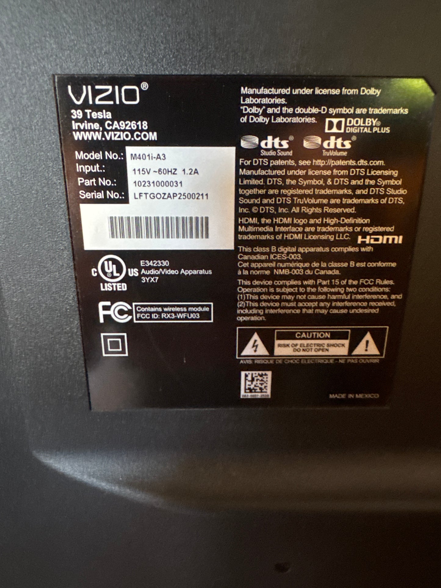 Vizio TV, Model M401i-A3