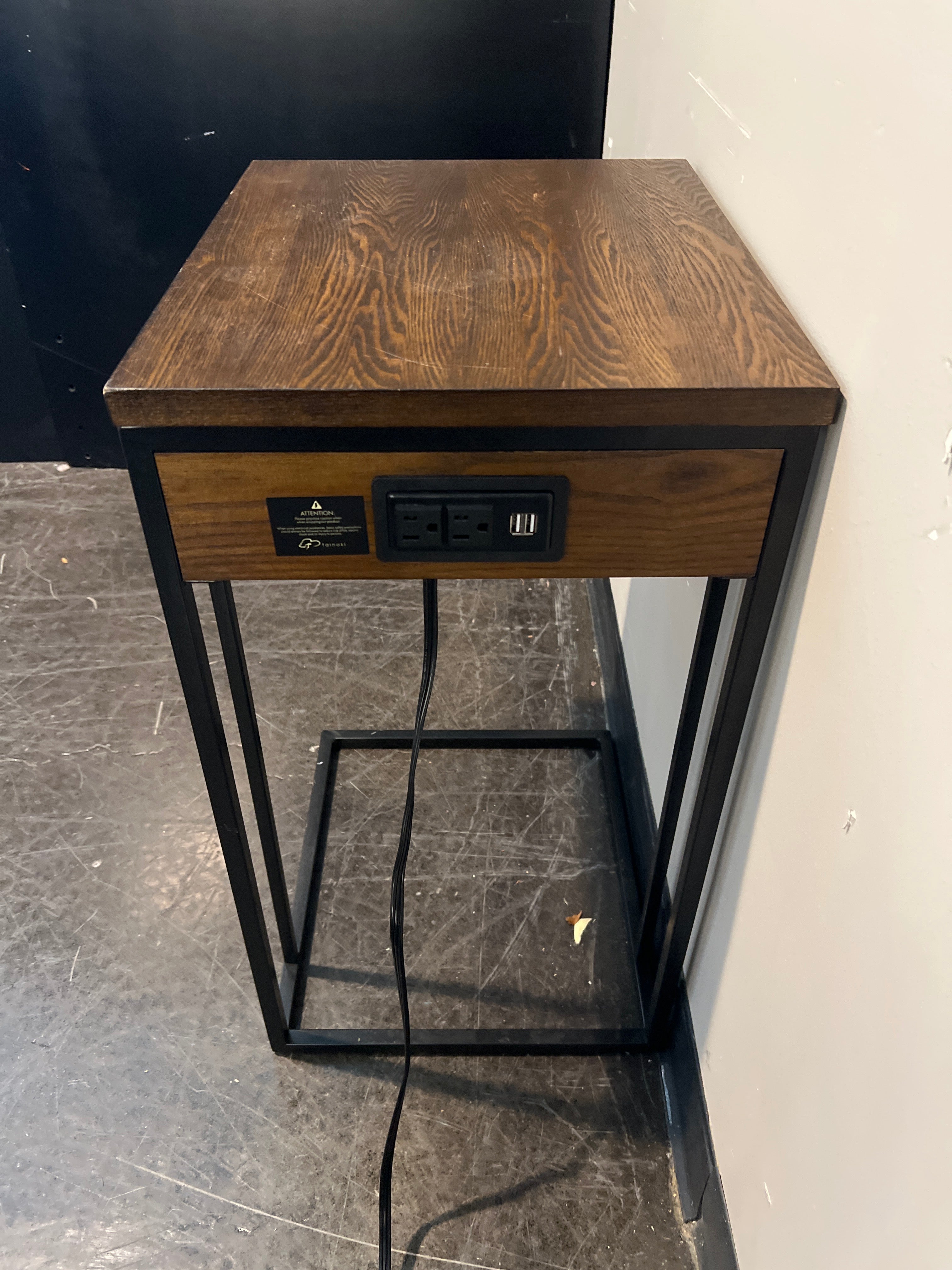 Modern Wood & Metal Side Table with Power Outlet and USB Ports