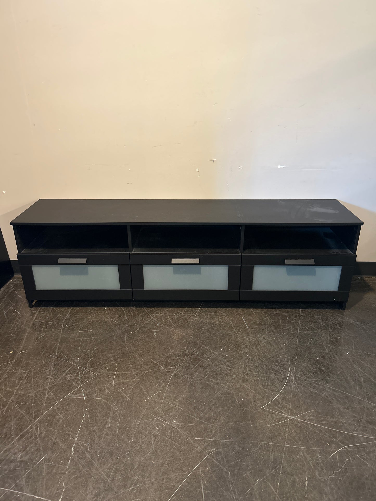 Modern Black Media Console with Frosted Glass Drawers
