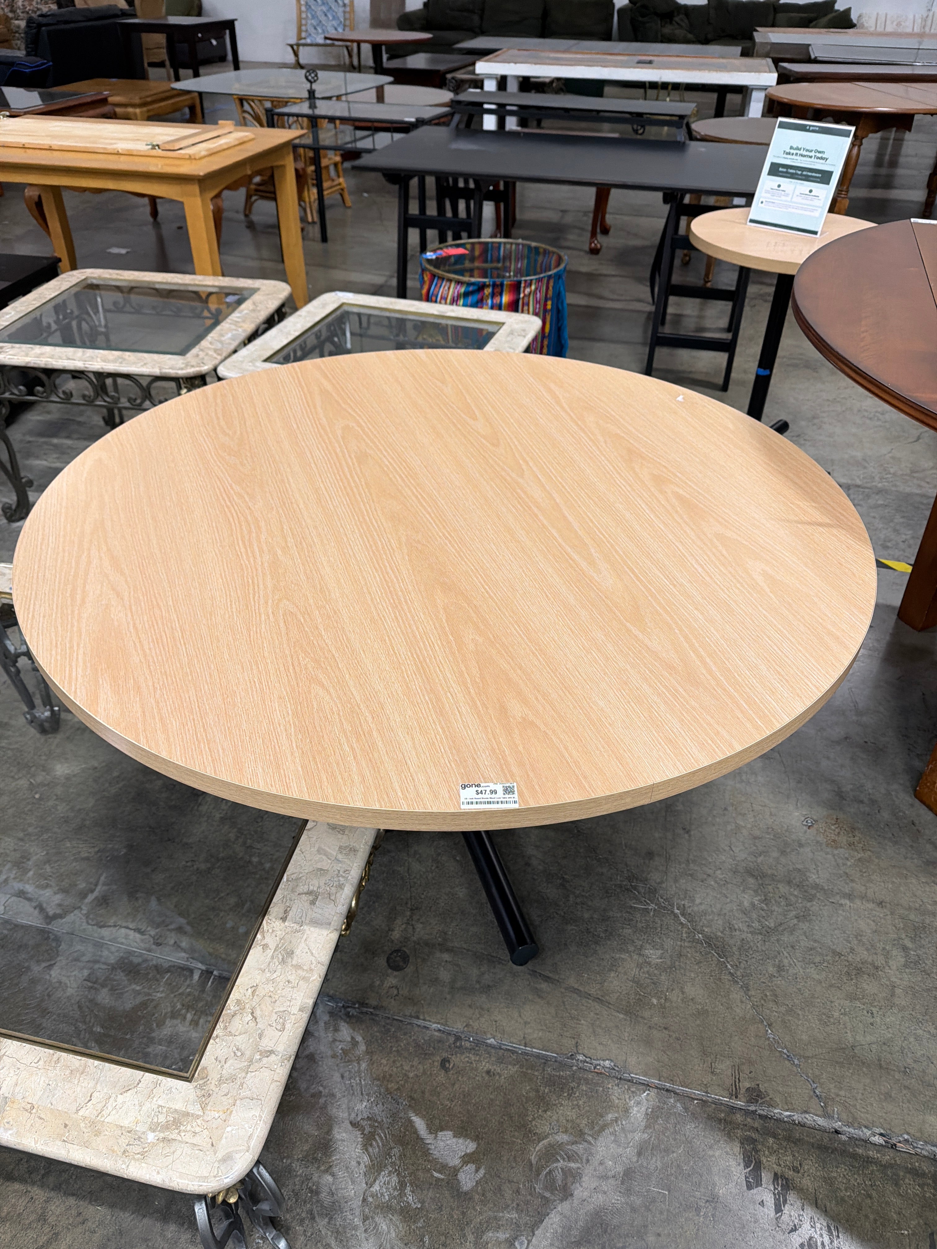 4 ft Maple Round Office Conference Table with Black Metal Pedestal Base