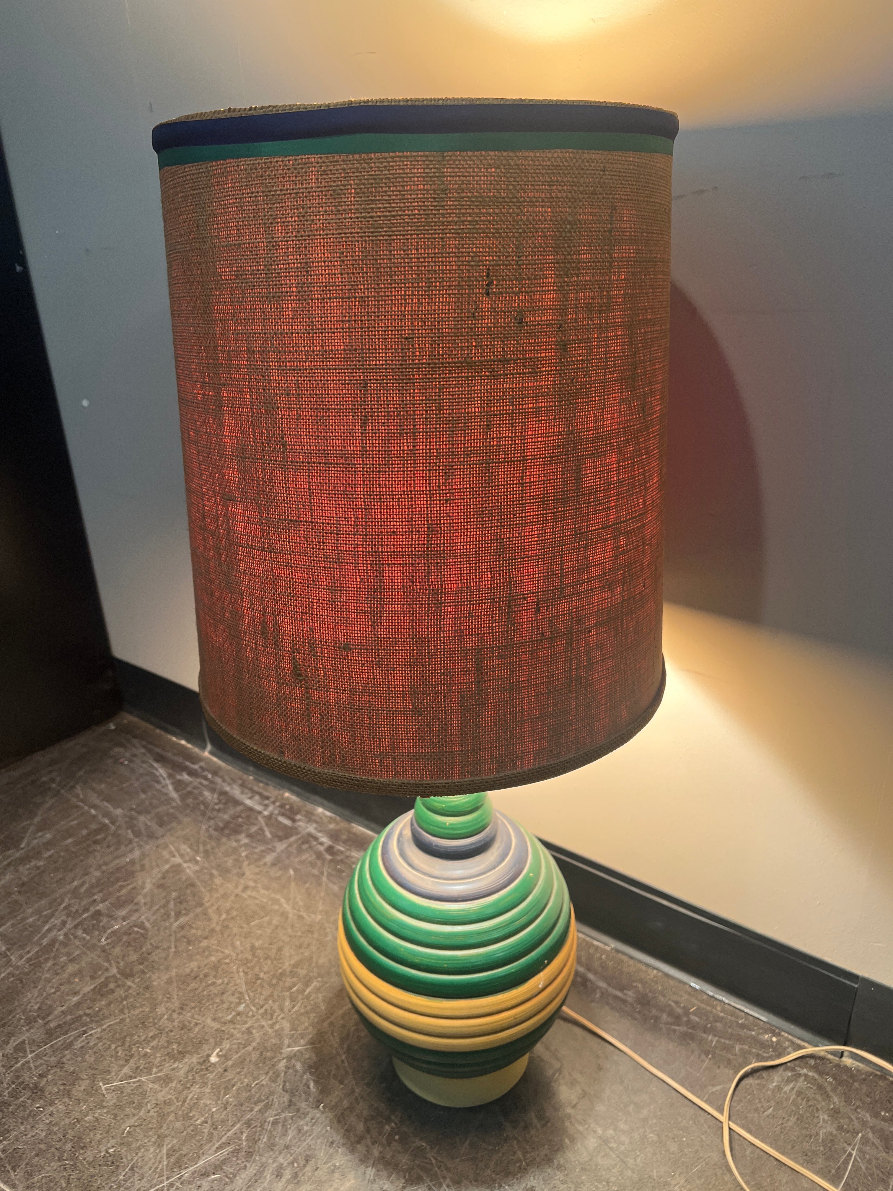 Mid-Century Modern Table Lamp with Striped Ceramic Base
